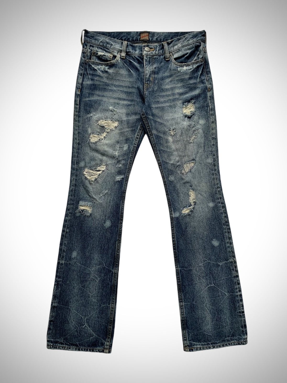 Japanese Brand Jackrose Crash Denim Flared Boot Cut Jeans Size US 31 - 1 Thumbnail