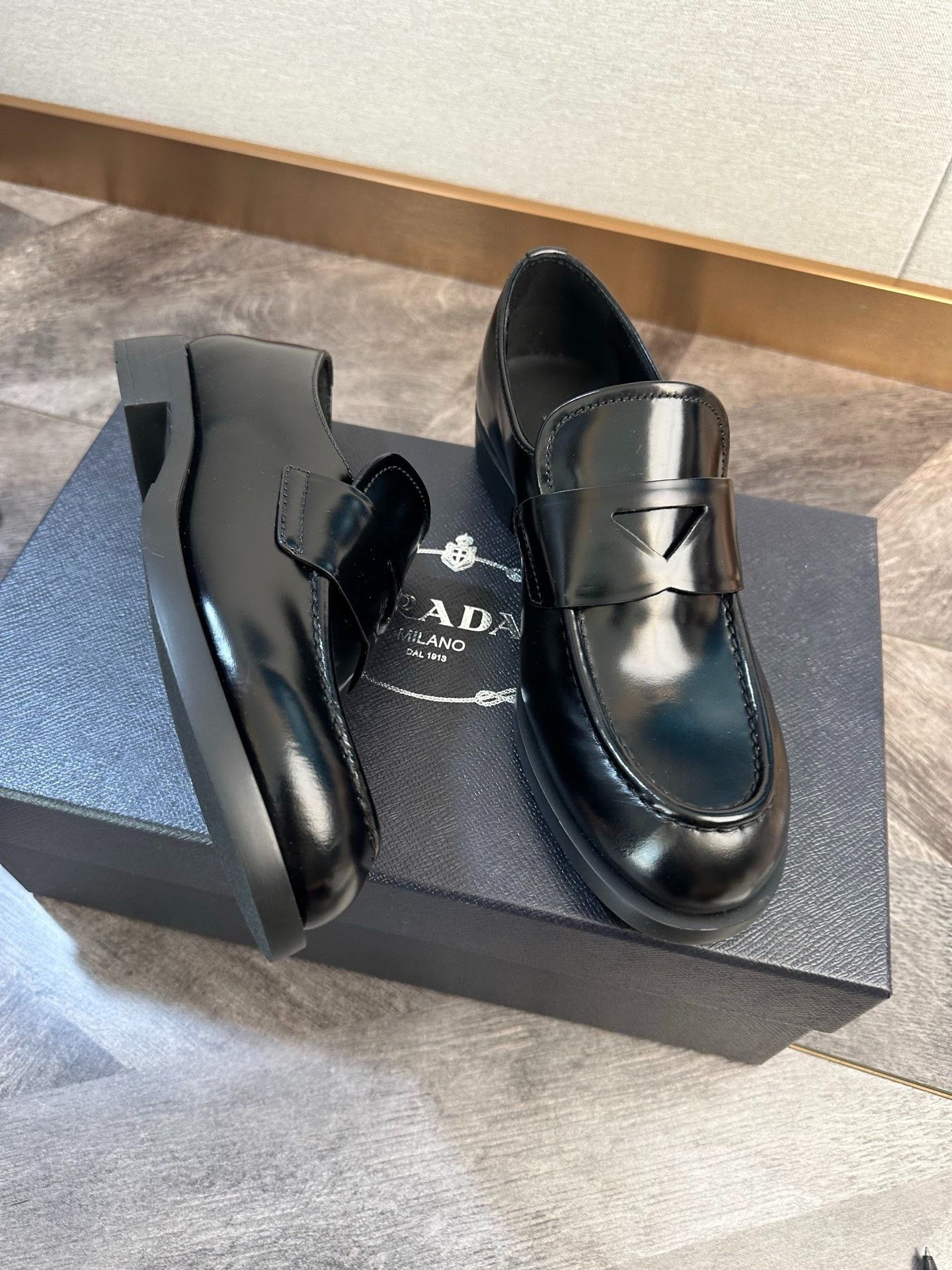 Prada Prada Black Leather Triangle Logo Loafers Size US 5 / IT 35 - 1 Thumbnail