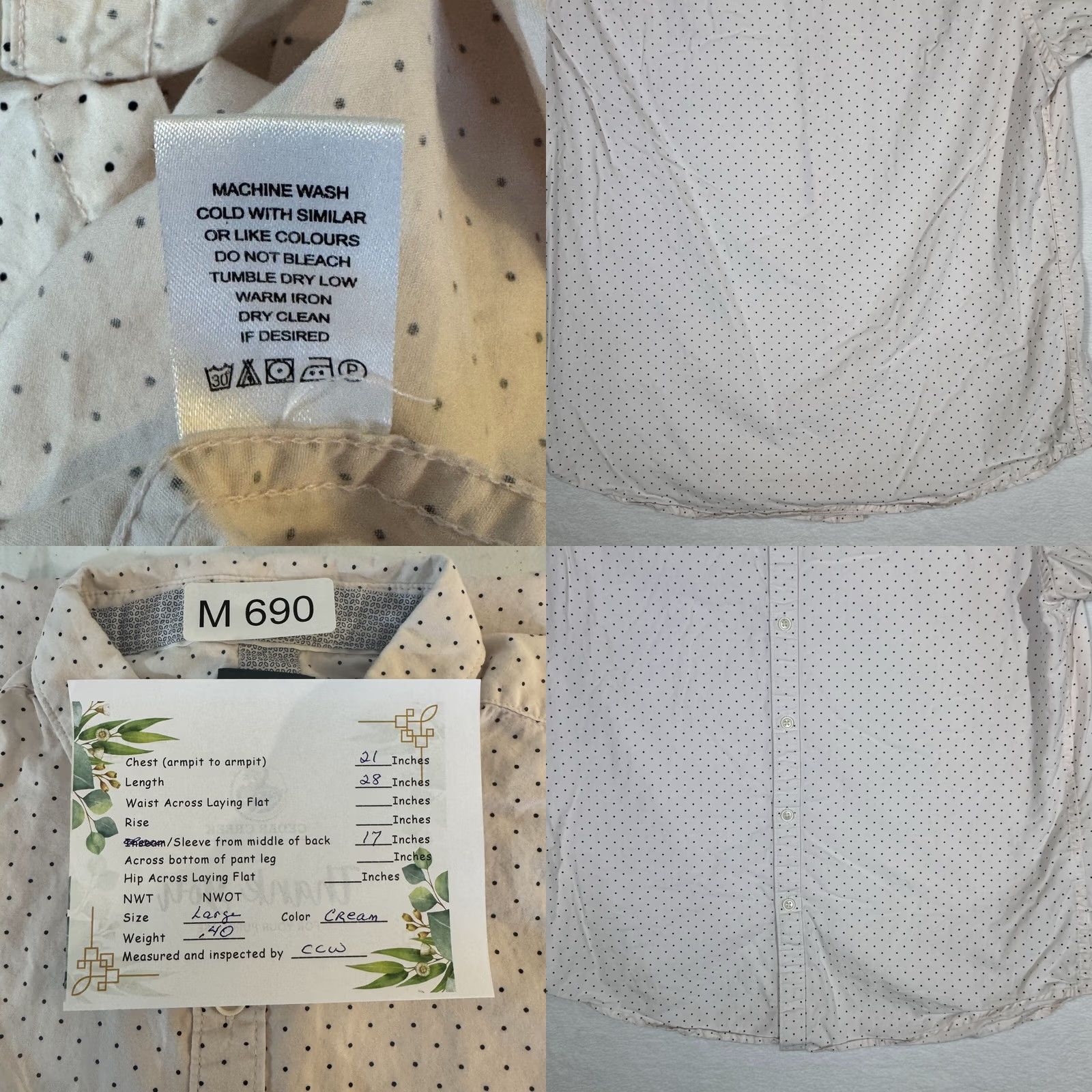Vintage Cactus Shirt Mens L Ivory Man Men Cream Polka Dot Short Sleeve Slim Button Down Size Size US L / EU 52-54 / 3 - 8 Thumbnail