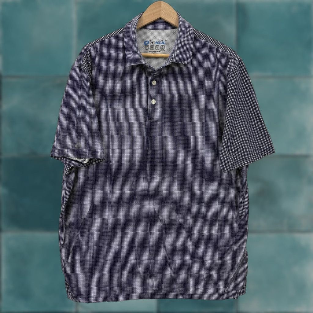 Vintage IBKUL Polo Shirt Mens L Blue Check UPF 50+ Golf Performance Quick Dry Travel Shirt Size US L / EU 52-54 / 3 - 1 Thumbnail