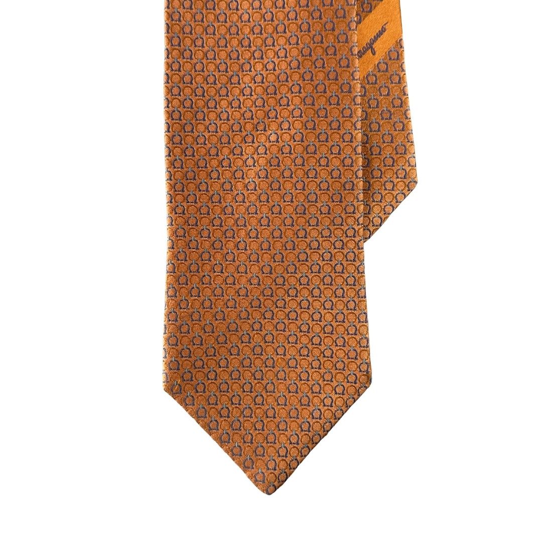 Salvatore Ferragamo Tie Silk Blue Horseshoe Pattern on Orange Size ONE SIZE - 1 Thumbnail