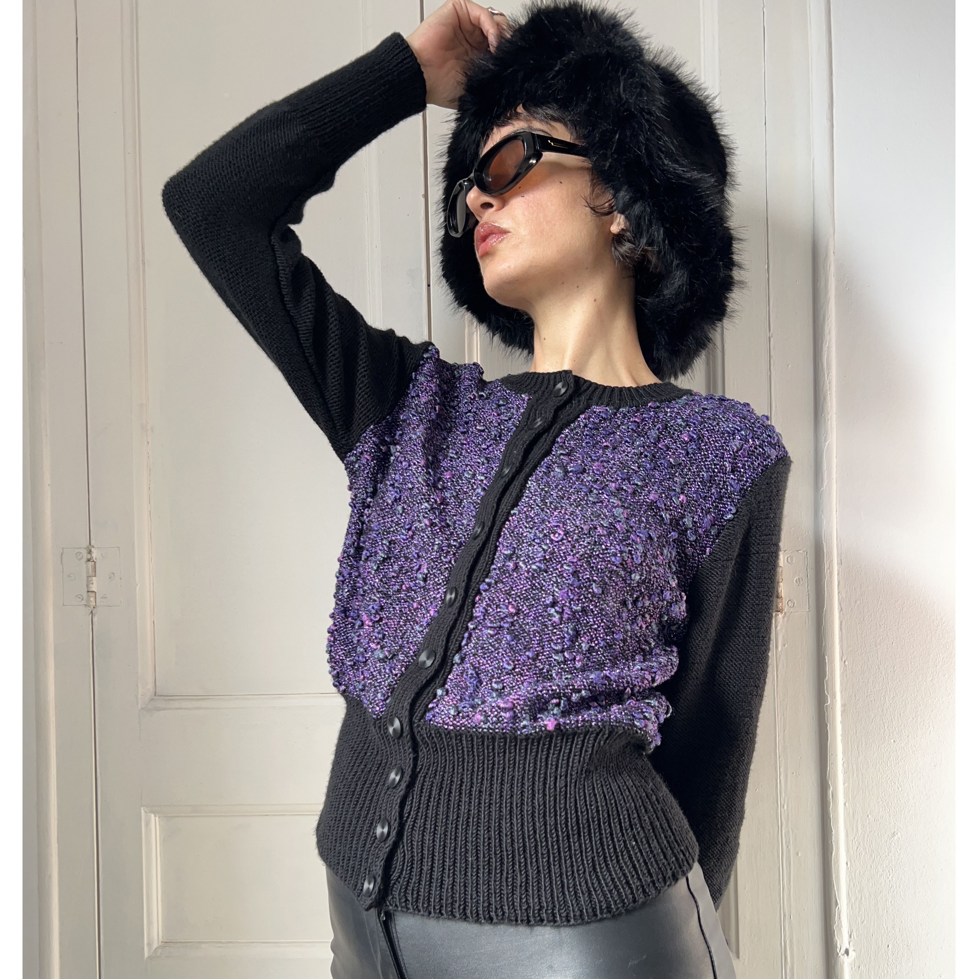 Vintage Vintage 90s Purple Bouclé Cardigan | Retro Tweed Knit Jacket Size M / US 6-8 / IT 42-44 - 4 Thumbnail