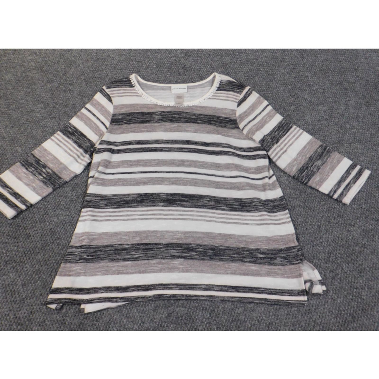 Vintage Alfred Dunner Sweater Women L Gray Striped Pullover Knit Raglan Sleeve Crew Neck Stretch Embellishments Vintage No Size L / US 10 / IT 46 - 3 Thumbnail