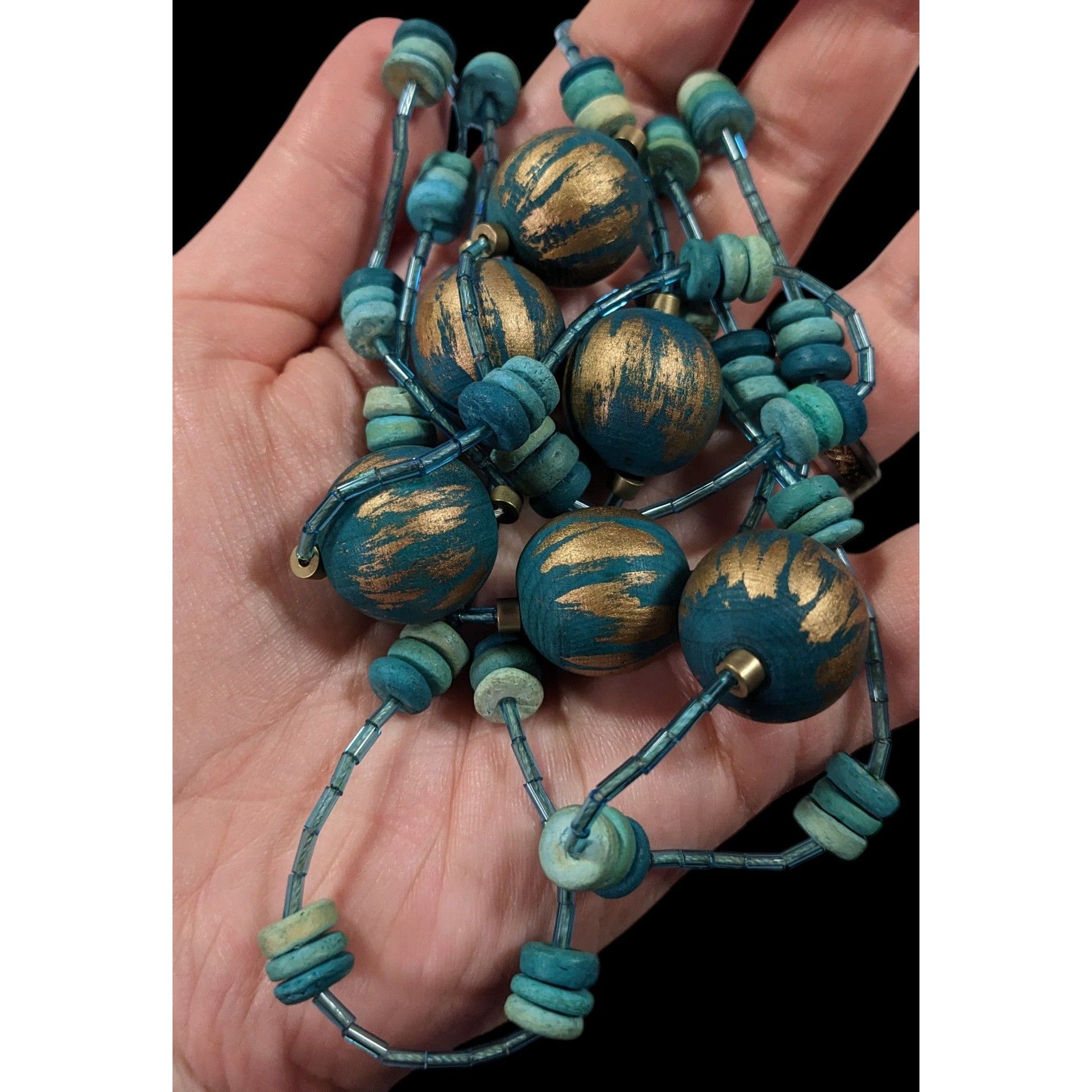 Other Blue And Gold Tone Wood And Glass Beaded Fantasy Necklace Size ONE SIZE - 4 Thumbnail
