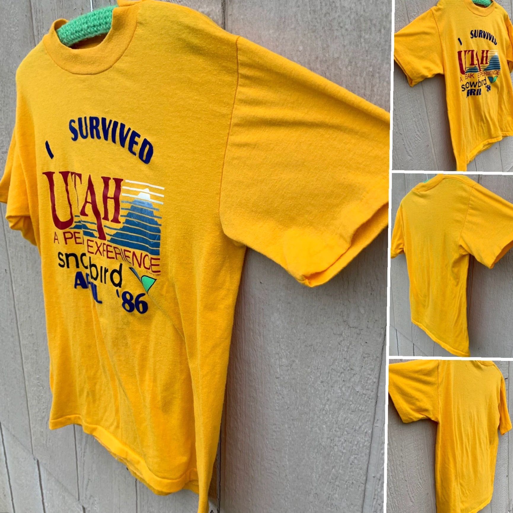 Vintage vintage I survived Utah peak experience snowbird April 86 graphic tee t-shirt L Miller Mens Crew Neck Short Sleeve Yellow 80s nature USA Size US L / EU 52-54 / 3 - 2 Thumbnail