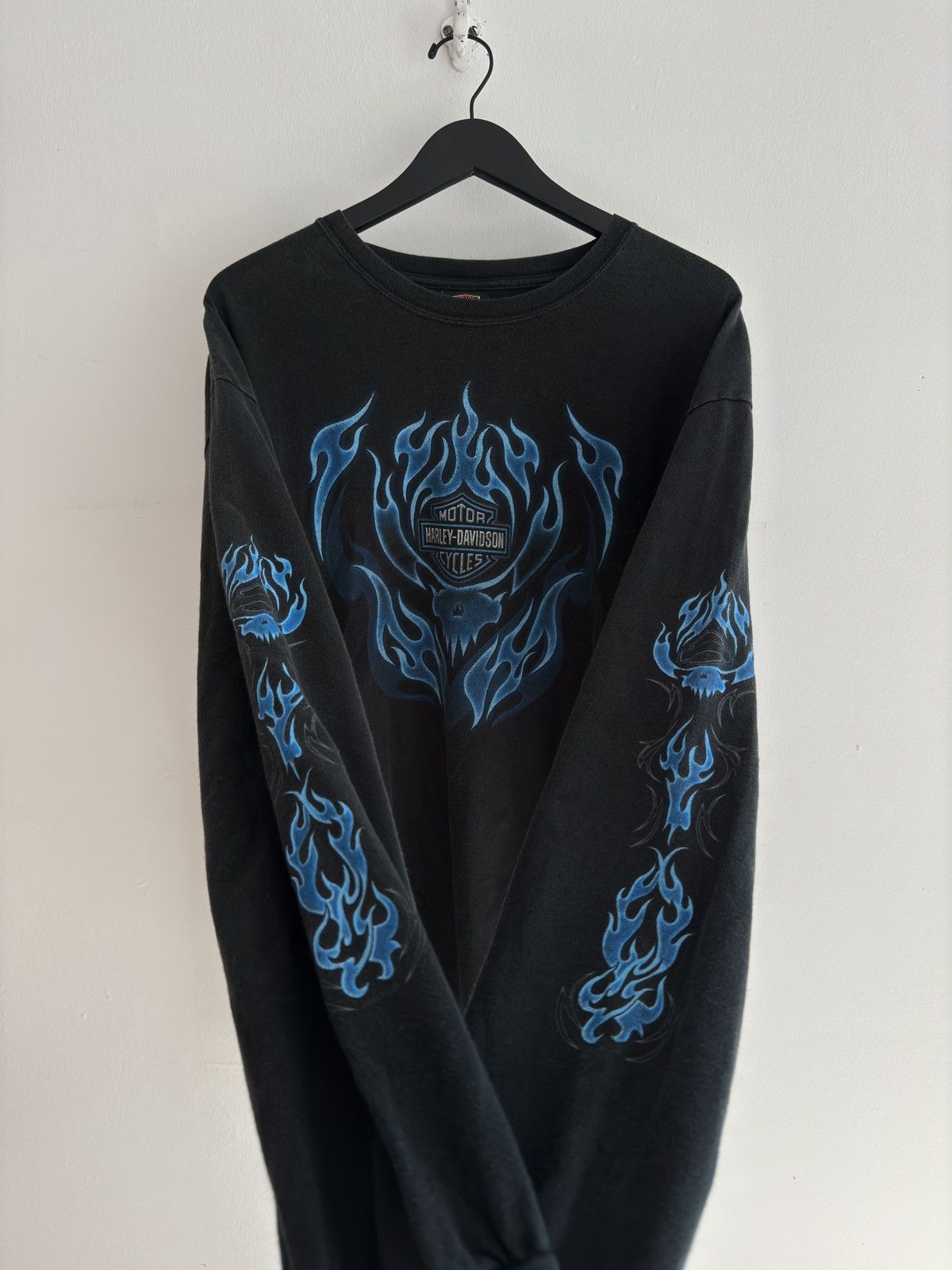 image of Harley Davidson Blue Flame Long Sleeve in Black, Men's (Size 2XL)