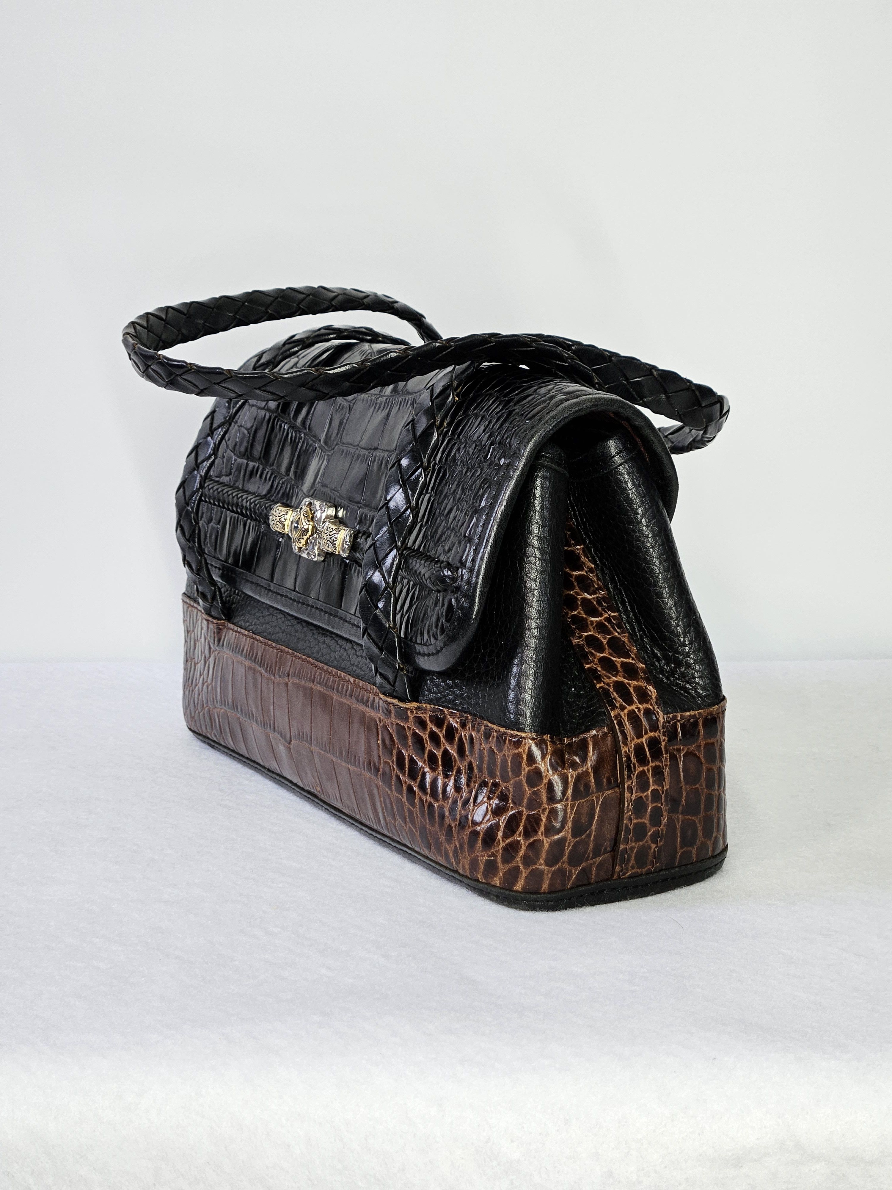 Brighton Brighton 10x6x3" Handbag Braid Leather Croc Embossed Black Size ONE SIZE - 4 Thumbnail