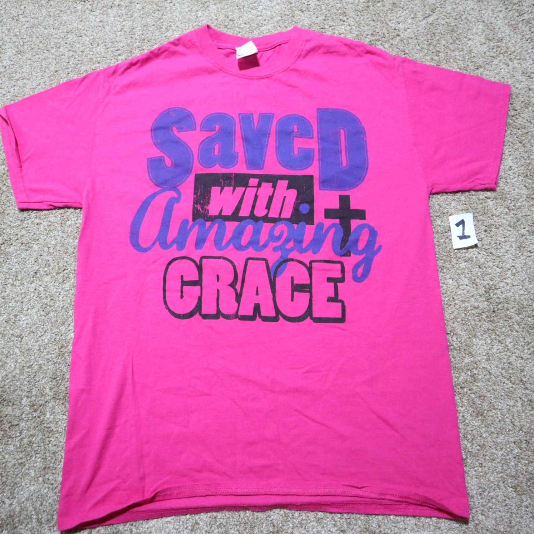 Fruit Of The Loom Saved with Amazing Grace Faith Tee T-Shirt Adult Medium Pink Nike? Wait No. Size US M / EU 48-50 / 2 - 2 Thumbnail