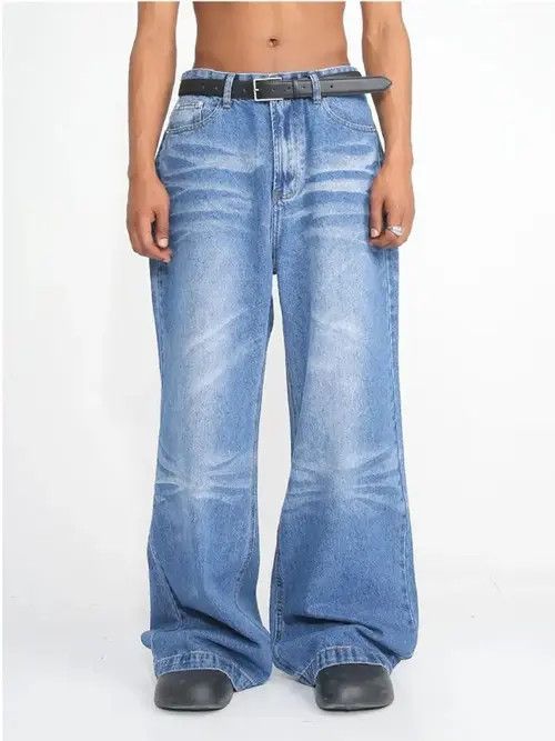 image of Designer Distressed Faded Baggy Flared Pants in Blue, Men's (Size 32)
