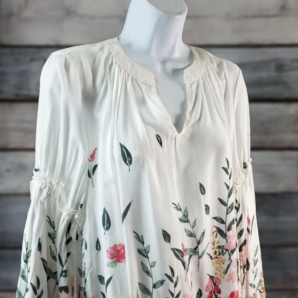 Bell Loveriche Womens Blouse Shirt Size L Pink White Floral Bell Sleeve Rayon Pullover Top Size L / US 10 / IT 46 - 1 Thumbnail