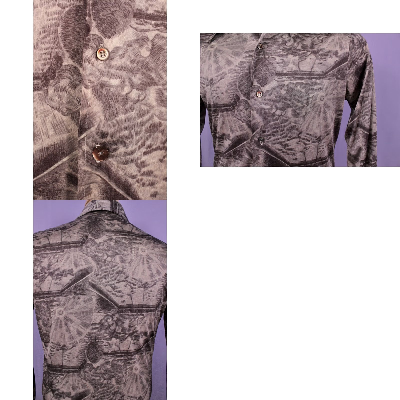 Van Heusen VTG 70s Grey Landscape Outdoor Print Nylon Shirt Mens S Nylon Shirt Vintage 1970s Van Heusen Disco Polyester Long Sleeve Button-Front Size US S / EU 44-46 / 1 - 8 Thumbnail