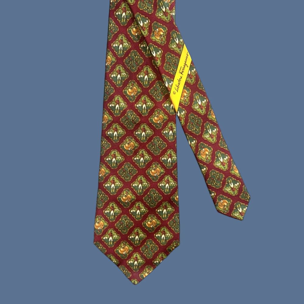 Salvatore Ferragamo Salvatore Ferragamo Silk Tie Red Geometric Pattern Dog Hunting Fox Logo Men's Tie Size ONE SIZE - 1 Thumbnail