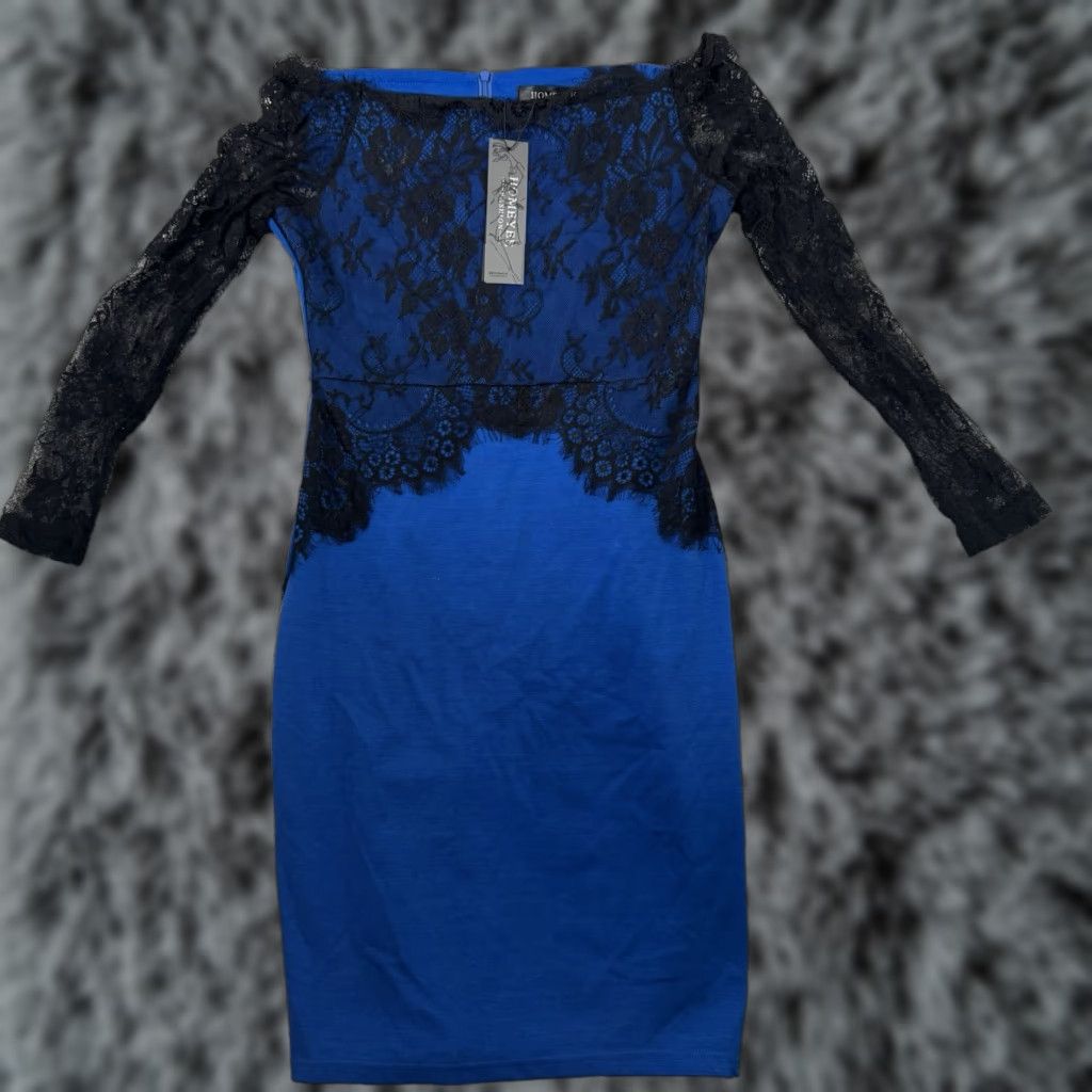 Vintage VINTAGE Romantic Bodycon Dress 8 Black Lace Overlay Date Night Cocktail Moody Whimsigoth Women Short Blue Gothic Party/Cocktail Womens Size M / US 6-8 / IT 42-44 - 1 Thumbnail