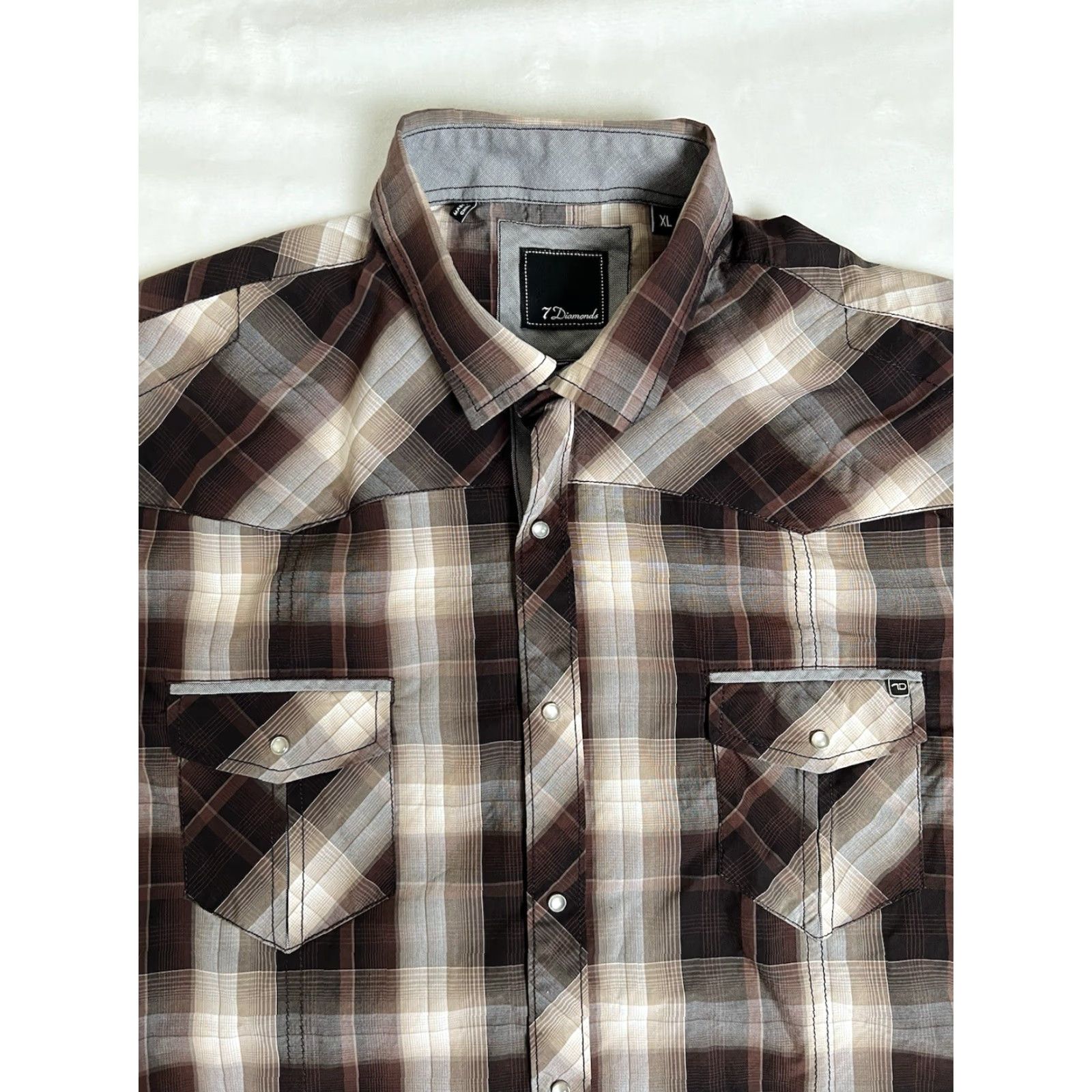 Vintage VINTAGE 7 Diamonds Shirt Mens XL Button-Up Plaid Pearl Snap Western Cowboys Rodeo Casual Mens XL Brown Cotton Button Pockets Size US XL / EU 56 / 4 - 3 Thumbnail