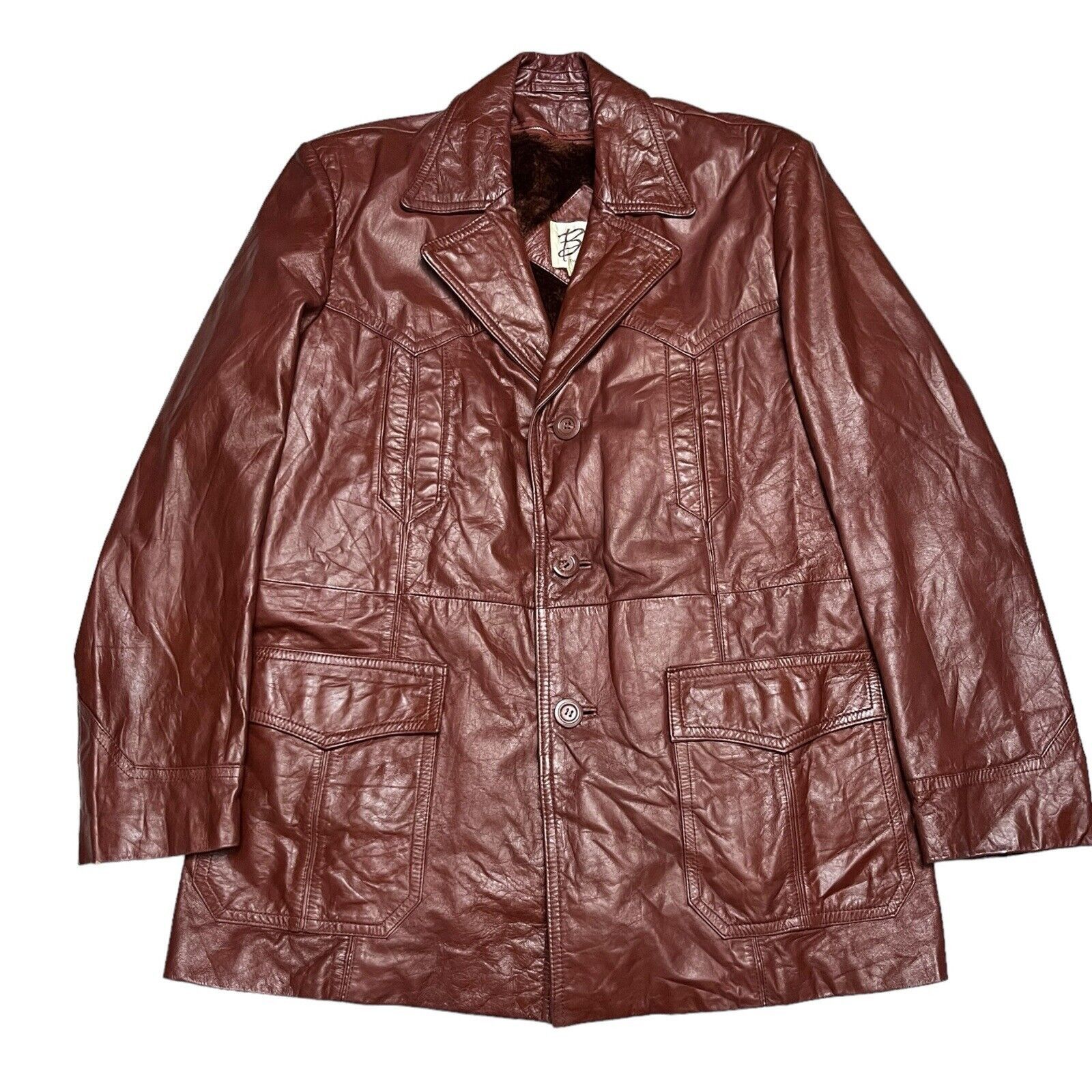 Leather VINTAGE Bermans 100% LEATHER Brown Faux Fur Fleece Jacket Size US L / EU 52-54 / 3 - 2 Thumbnail