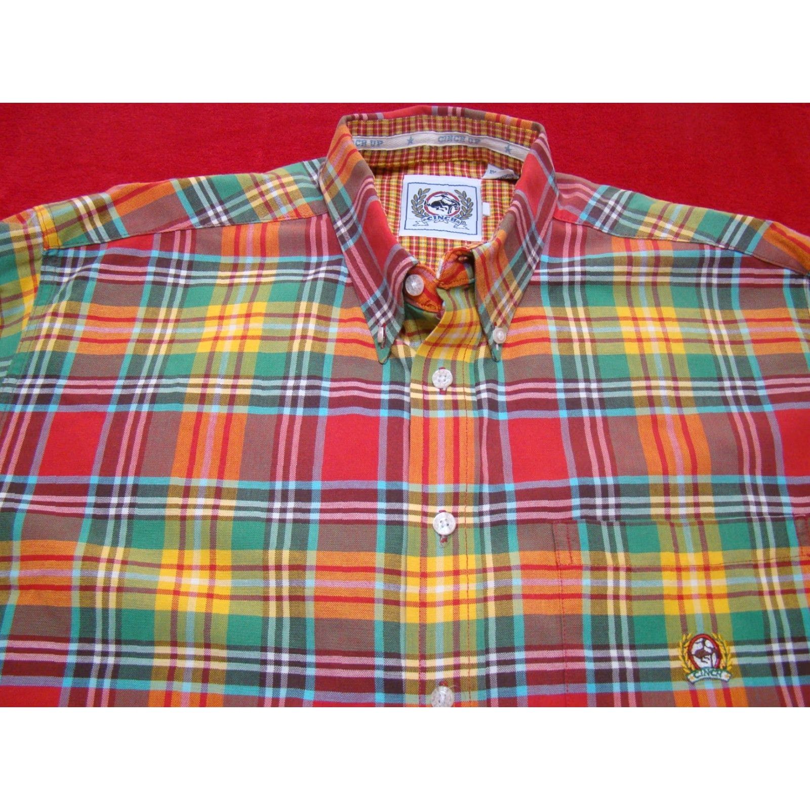 Vintage Cinch Mens Large Red Yellow Orange Plaid Long Sleeve Western Shirt Oxford Cotton Button-Up Size US L / EU 52-54 / 3 - 5 Thumbnail