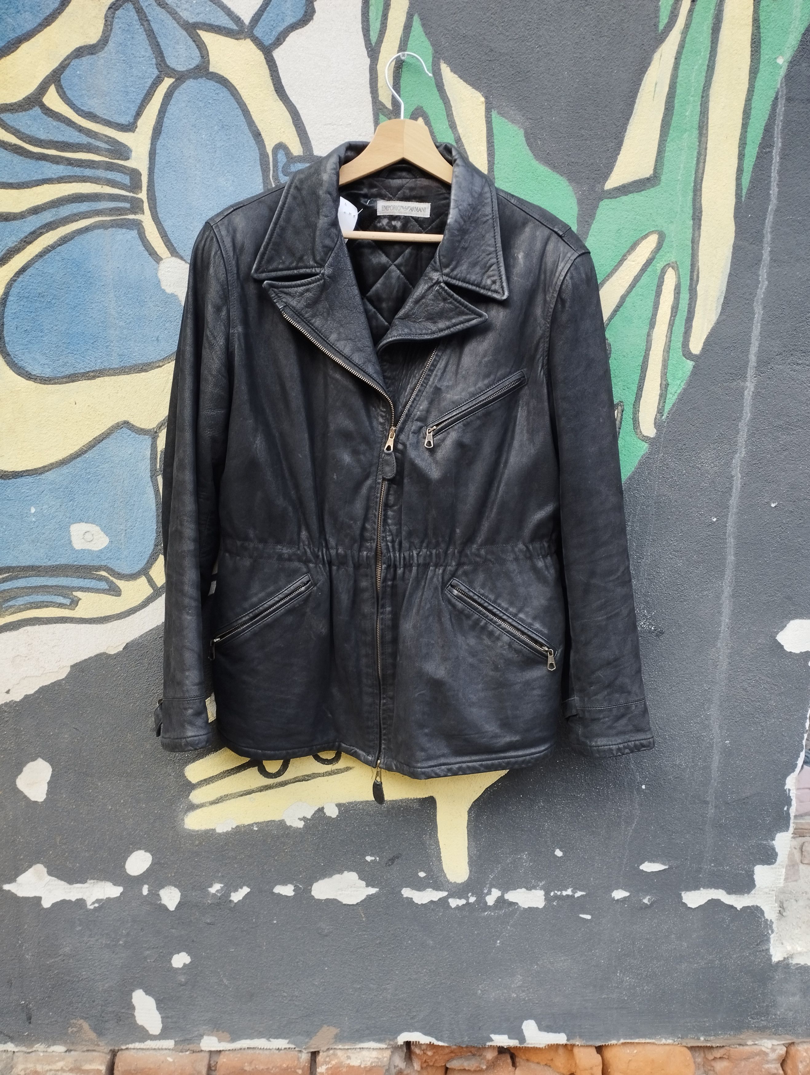 image of Vintage Emporio Armani Biker Women Leather Jacket in Black (Size Medium)