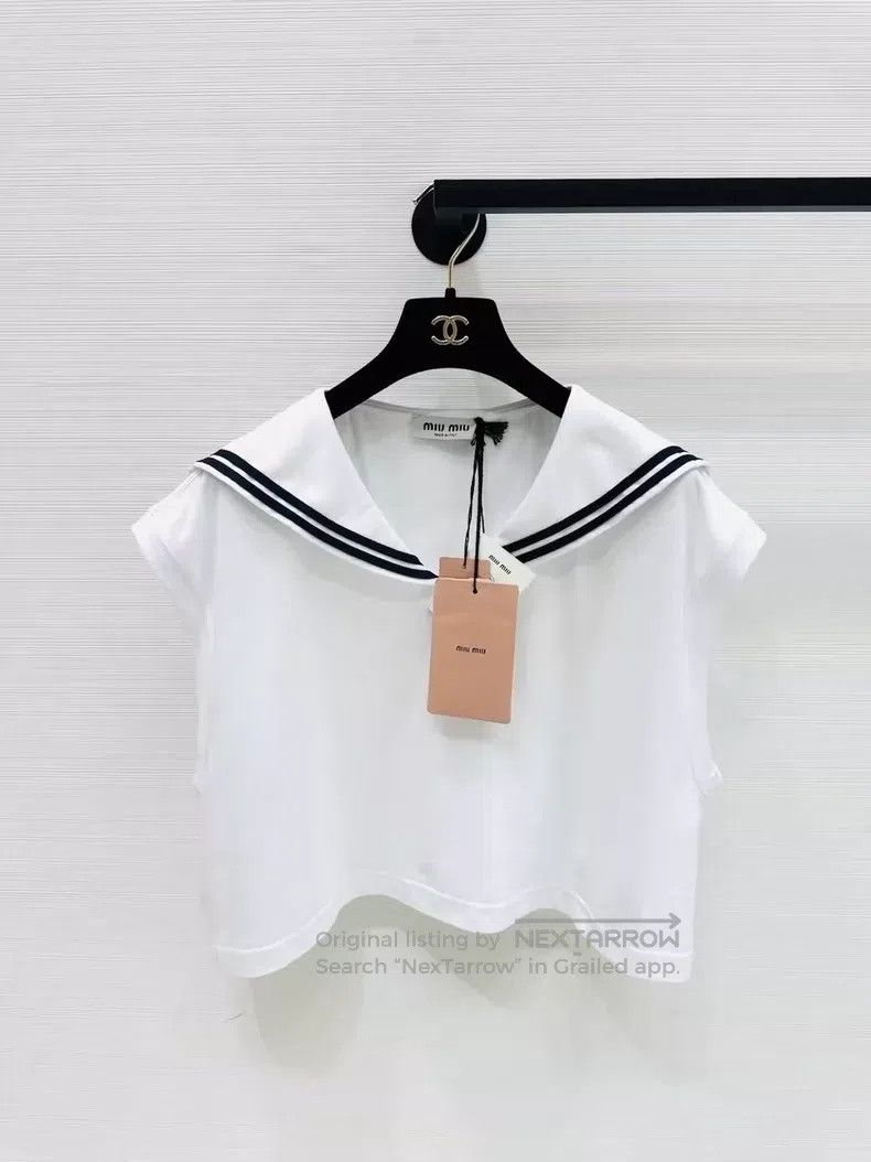 Miu Miu Miu Miu Size M 24SS Navy Collar Letter Top Size M / US 6-8 / IT 42-44 - 1 Thumbnail