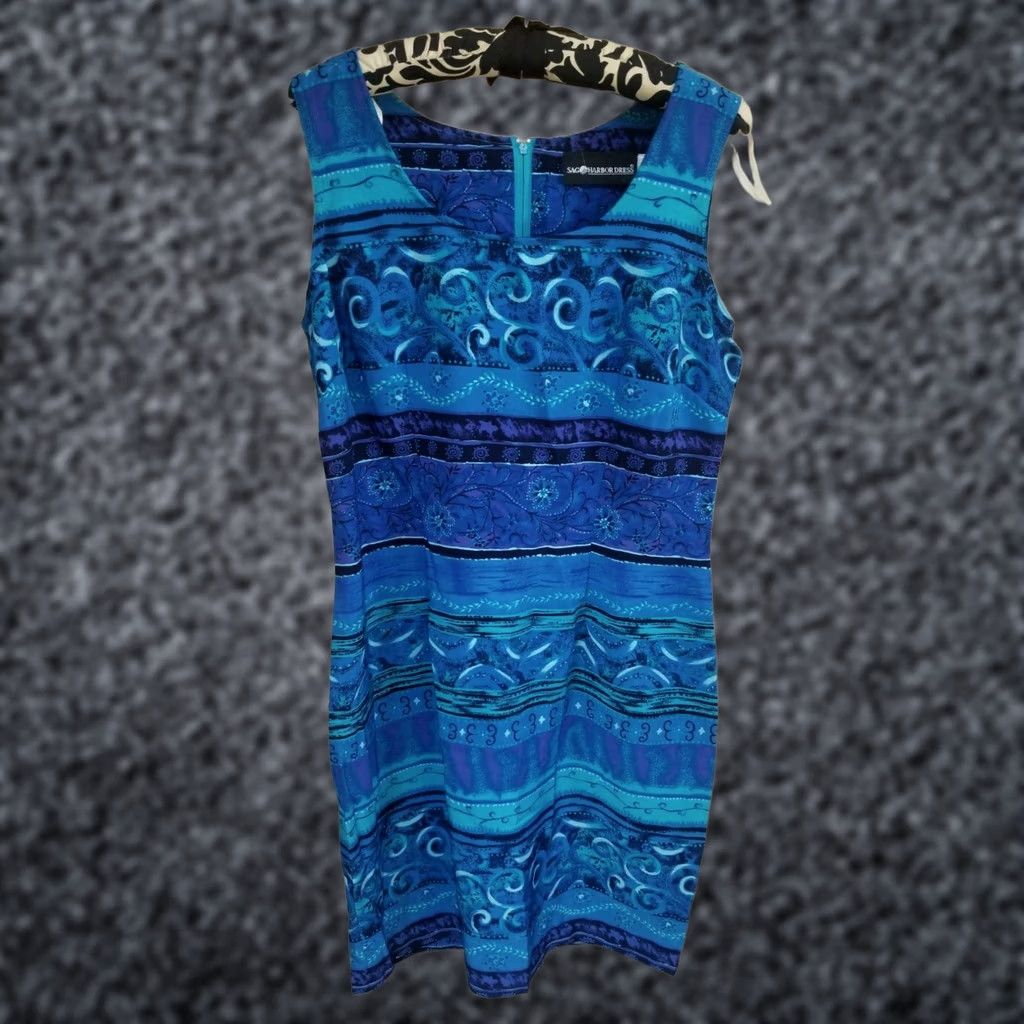 Vintage Sag Harbor Dress Womens Turquoise Scoop Neck Sleeveless Shift Printed Sz 10 Size L / US 10 / IT 46 - 1 Thumbnail