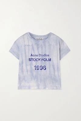 image of $265 Acne Studios Distressed Printed Cropped T-Shirt in Blue, Women's (Size Medium)