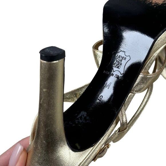 Vintage × Yves Saint Laurent Yves Saint Laurent Gold Metallic Leather 4″ Heeled Sandals S Size US 9 / IT 39 - 16 Thumbnail