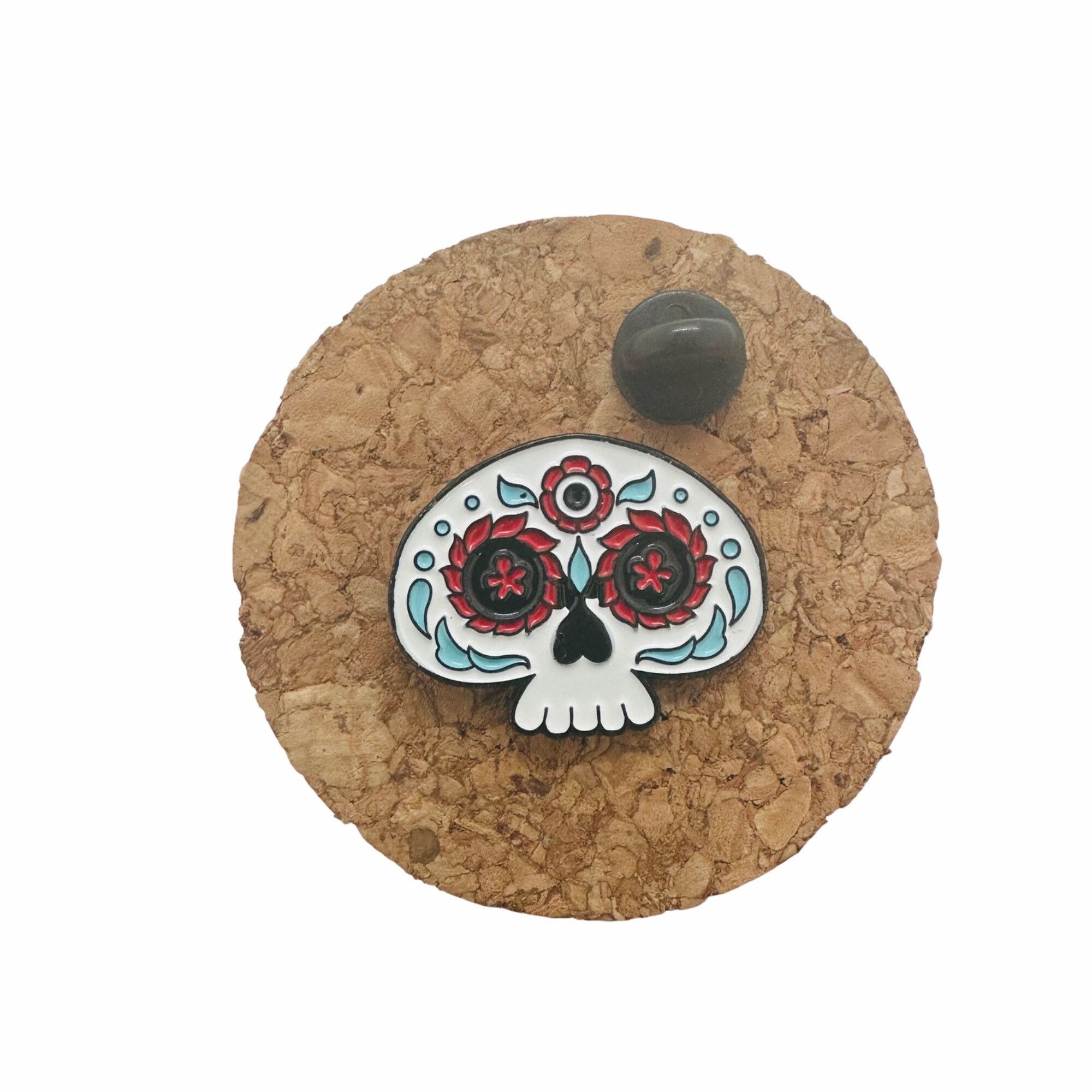 Designer ✨Sugar Skull Enamel Pin Dia de Muertos Red & White Flowers B Size ONE SIZE - 3 Thumbnail