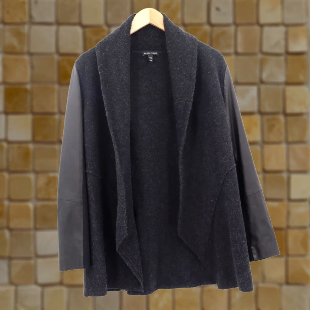 Eileen Fisher Eileen Fisher Cardigan Women Wool Body Leather Sleeves Shawl Open Lightweight Black Size Small P Short PS Petite Size S / US 4 / IT 40 - 1 Thumbnail