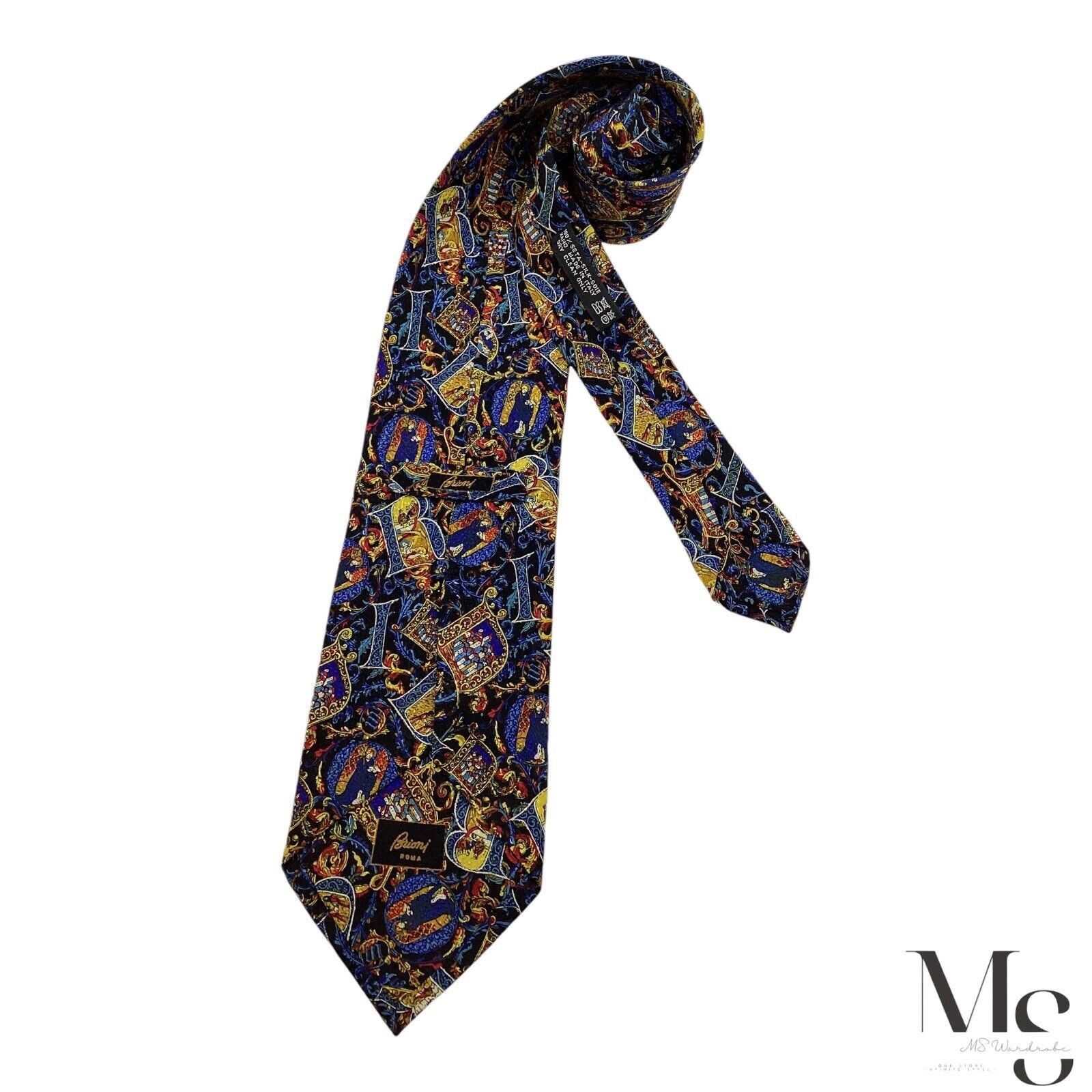 BRIONI Blue Medieval Monogrammed Print Silk Tie Made In Ital
