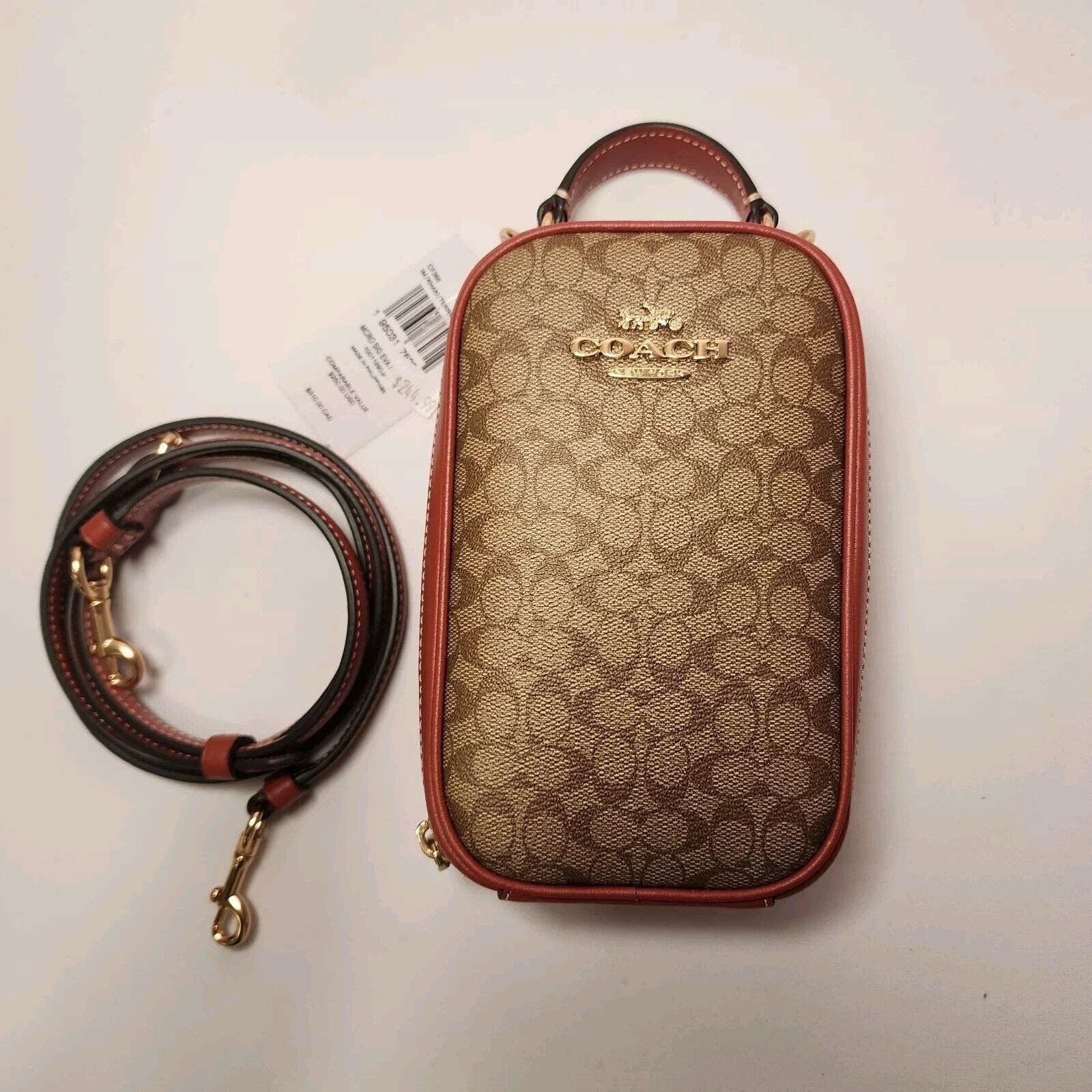 image of NWT Coach Cf368 Eva Phone Crossbody Mini Signature Khaki in Brown, Women's