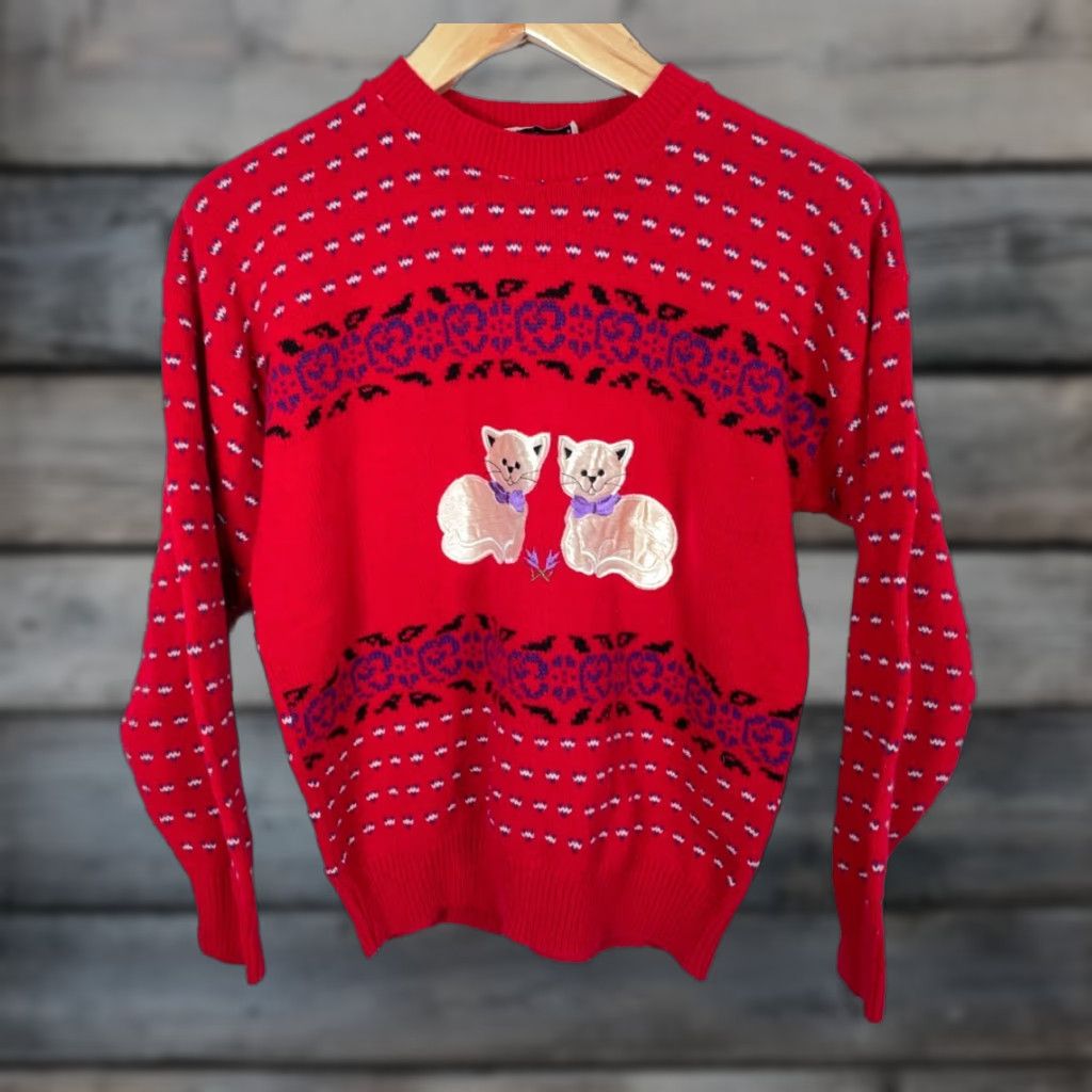 Vintage VINTAGE Jennifer Adams 80s Cat Sweater Women's Medium Red Chunky-Knit Pullover Novelty Kittens Geometric USA Size M / US 6-8 / IT 42-44 - 1 Thumbnail