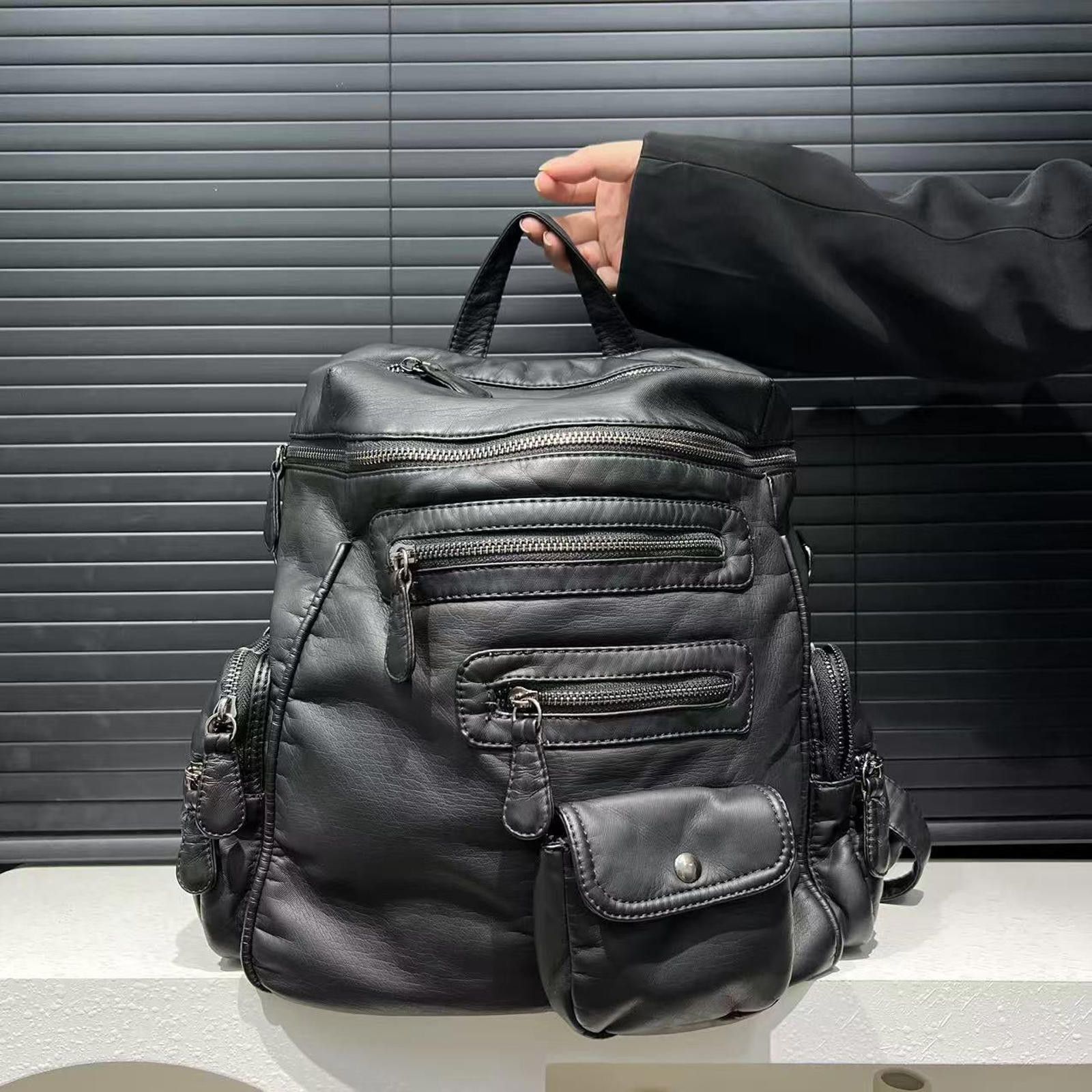 Leather Black Leather Studded Backpack, Multi-Pocket Casual Bag Size ONE SIZE - 5 Thumbnail