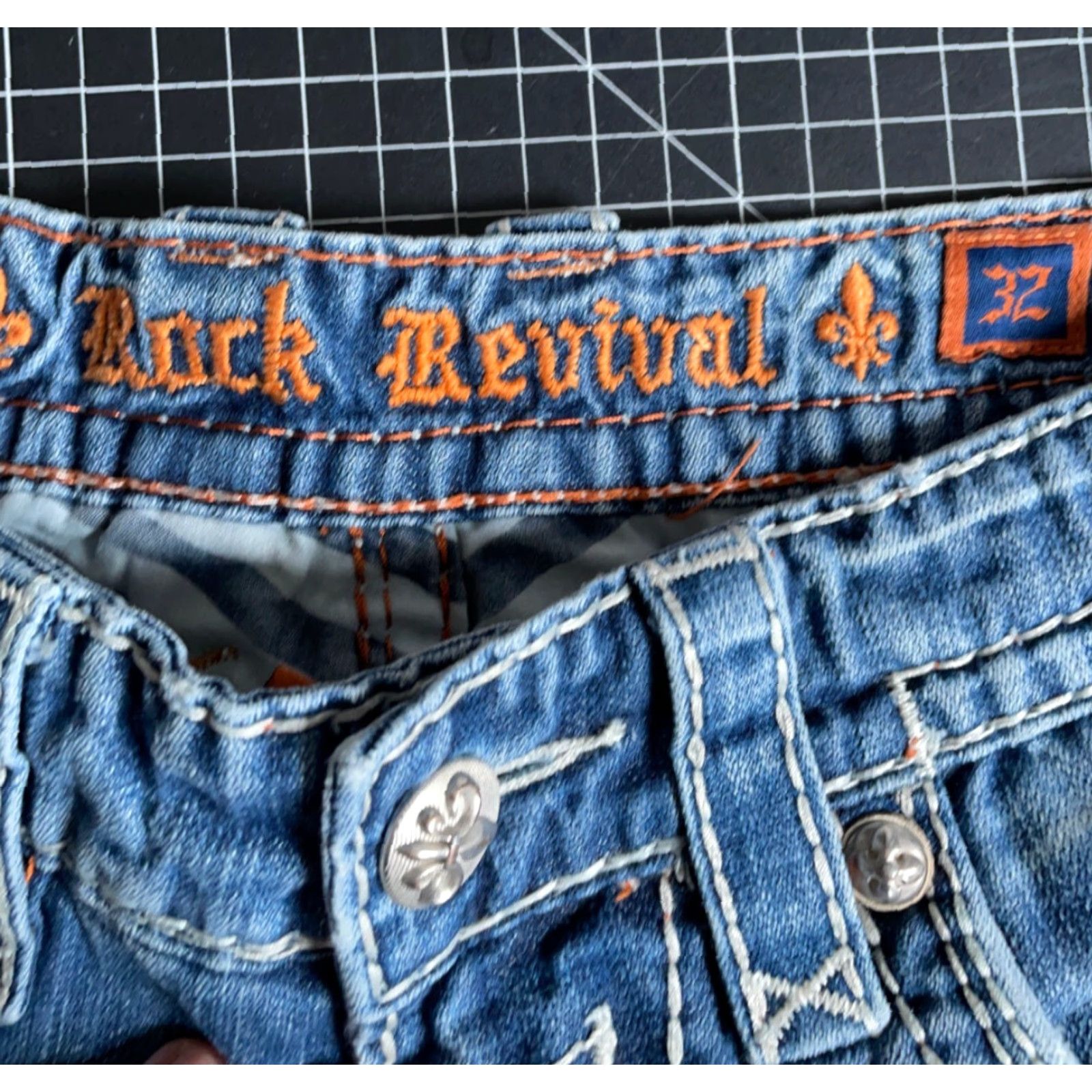Vintage Rock Revival Jeans Straight 32x28 Men's Blue Distressed Studded 90s Rock Denim Denim Shirt? Size US 32 / EU 48 - 3 Thumbnail