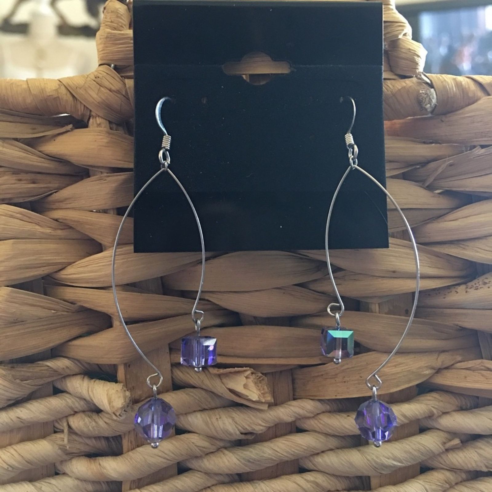 Jewelry Purple Sparkle Bead Dangle Wire Fish Hook Earrings, Women's