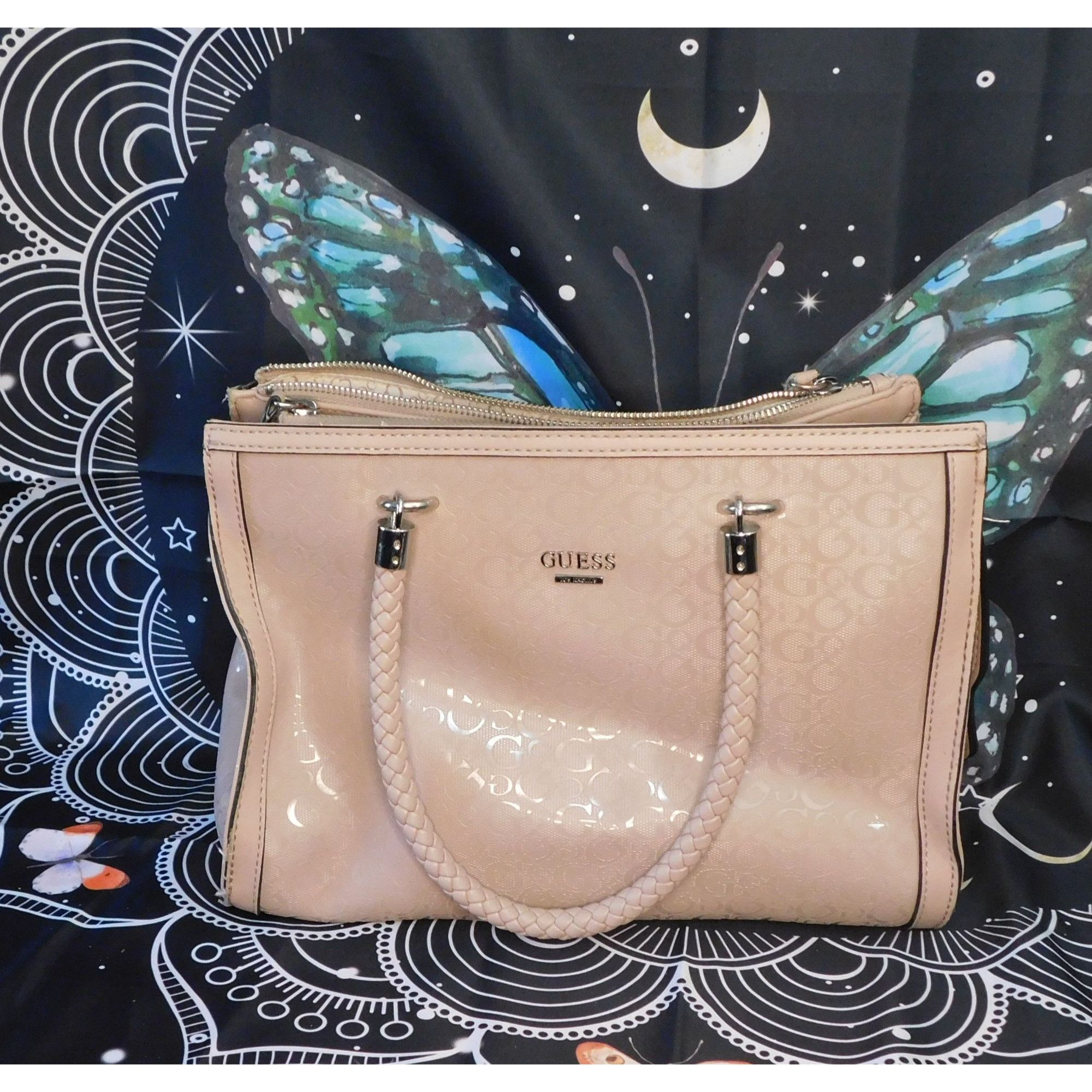Guess Guess Pink Beige Monogram Handbag With Braided Handles Size ONE SIZE - 1 Thumbnail