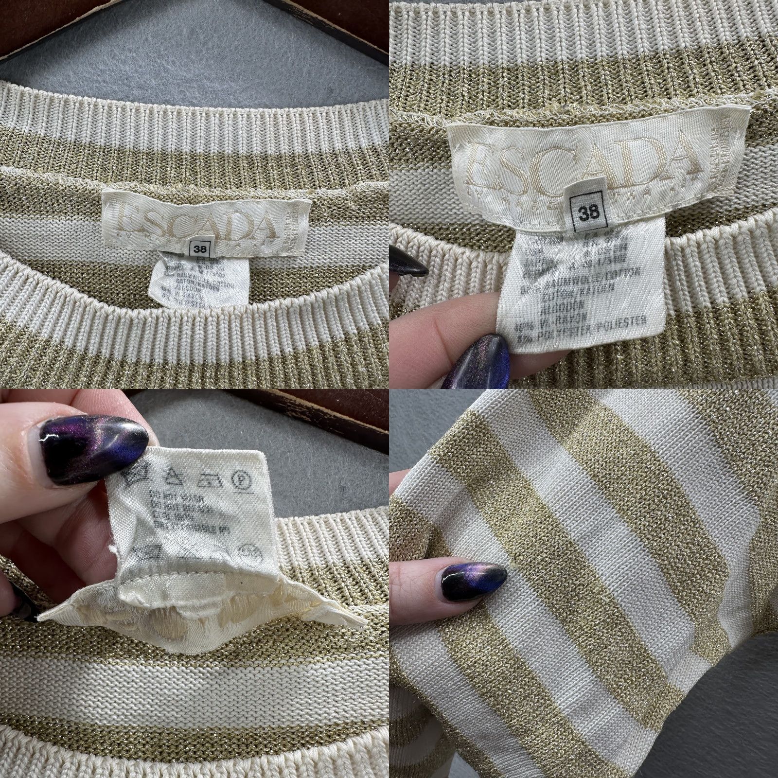 Escada VINTAGE Escada Sweater Womens Medium Gold White Striped Metallic Knit Pullover Embroidered Logo 80s Flower Glitter Dolman Long Sleeve Crew Neck Womens Size M / US 6-8 / IT 42-44 - 8 Thumbnail