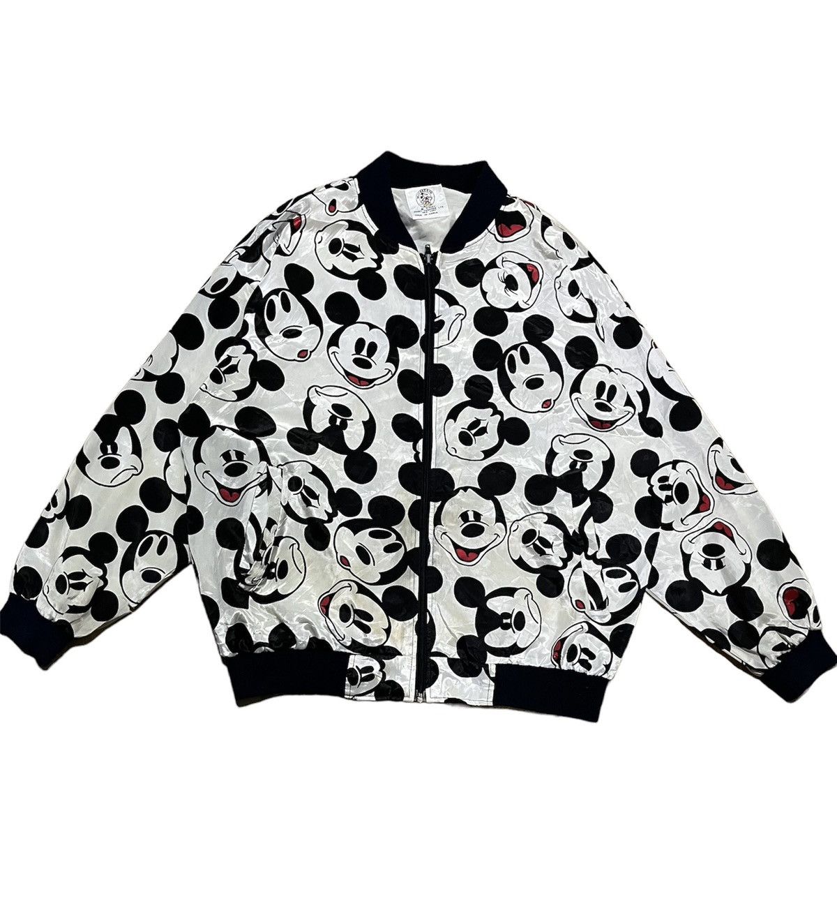 image of Disney x Mickey Mouse Vintage Mickey Mouse Full Print Bomber Jacket 90's in White/Black (Size XL)