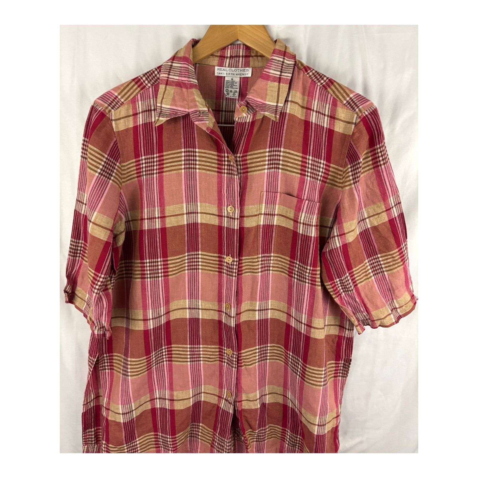 Saks Fifth Avenue Real Clothes Saks Fifth Avenue Blouse MEDIUM Plaid Linen Size M / US 6-8 / IT 42-44 - 5 Thumbnail