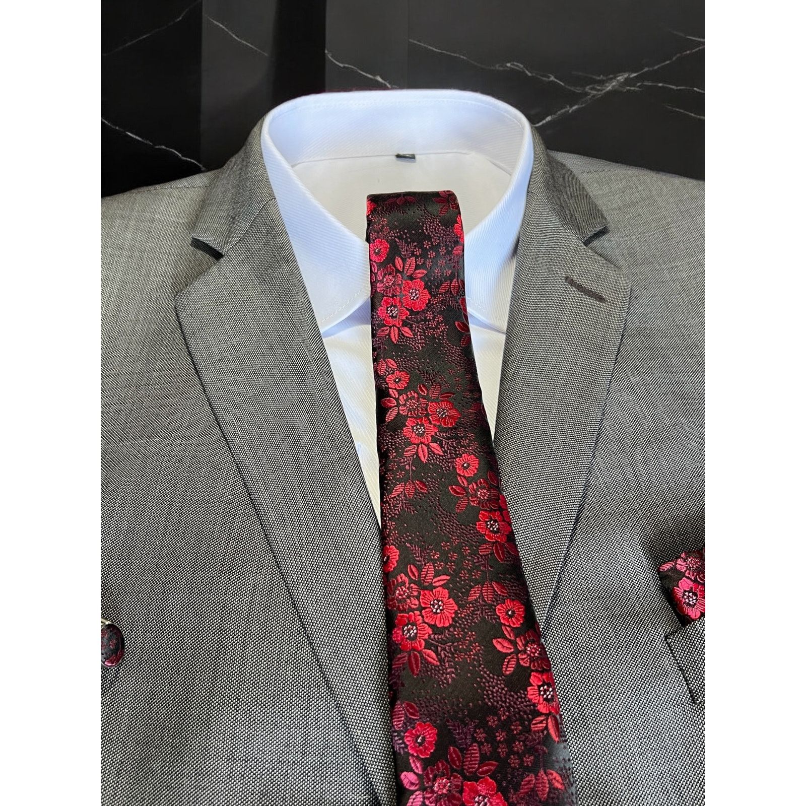 Other 3 Piece Tie Set Black Red Floral Tie Pocket Square Cufflinks Size ONE SIZE - 5 Thumbnail