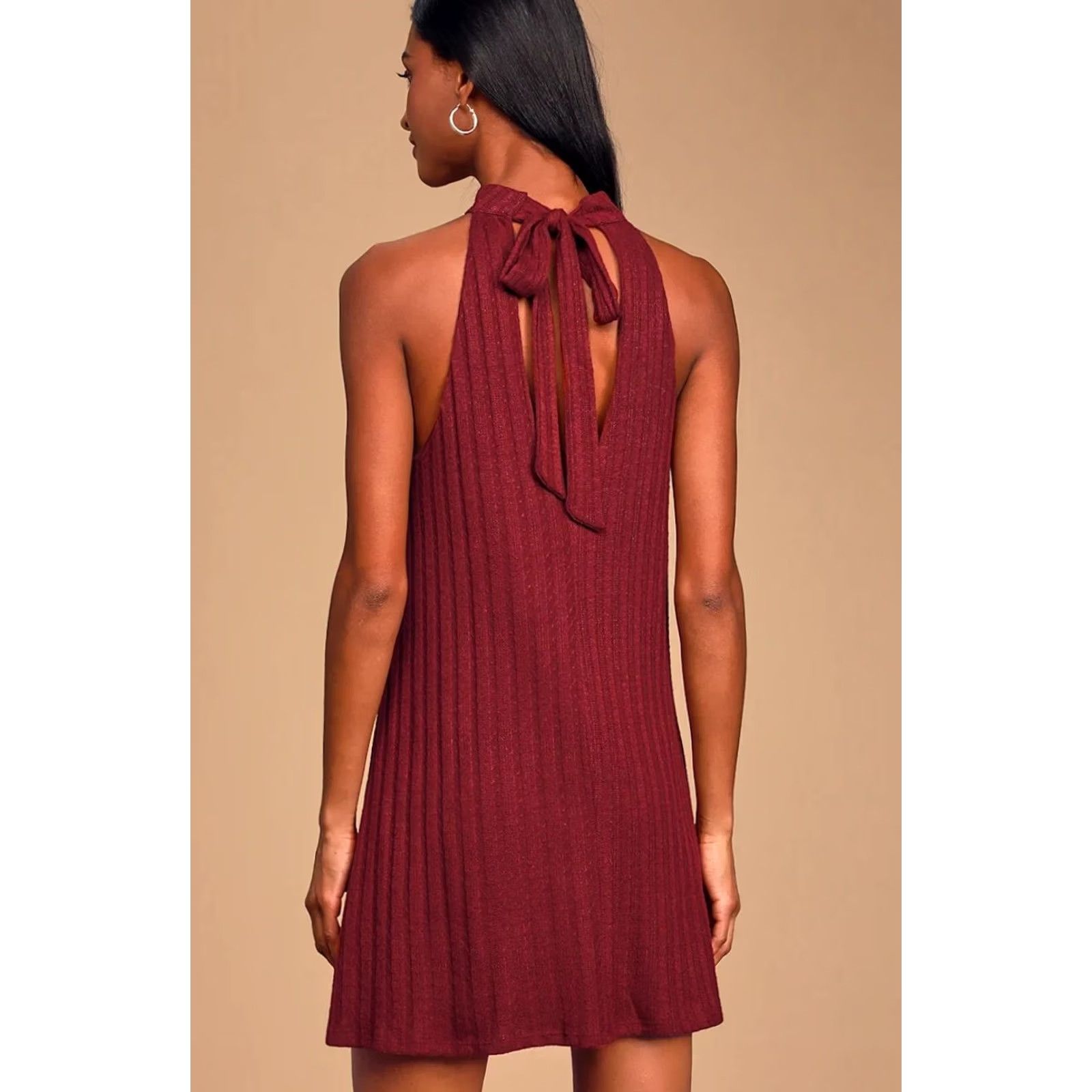 Lulus Lulus Burgundy Ribbed Knit Halter A-Line Mini Dress NWT Womens Small Tie Back Size S / US 4 / IT 40 - 2 Thumbnail