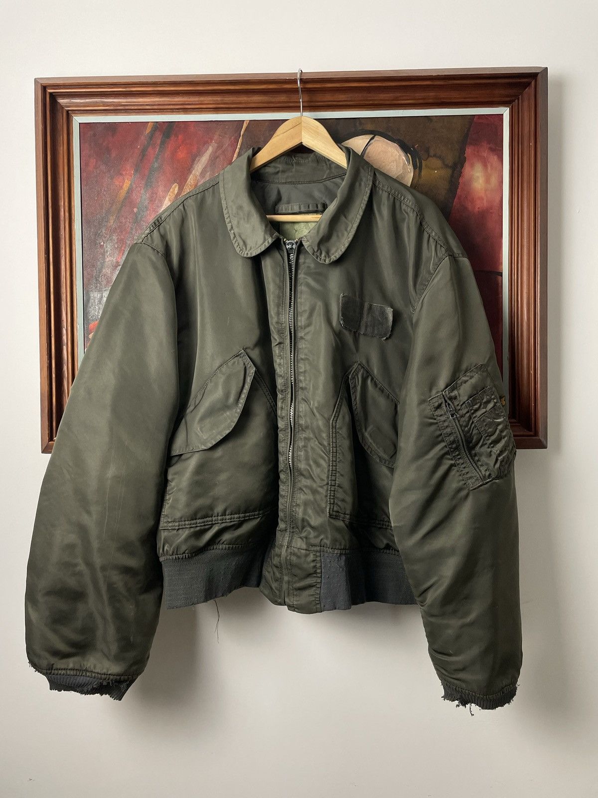 image of Alpha Industries Vintage Made In Usa Trashed Bomber Jacket in Olive, Men's (Size XL)