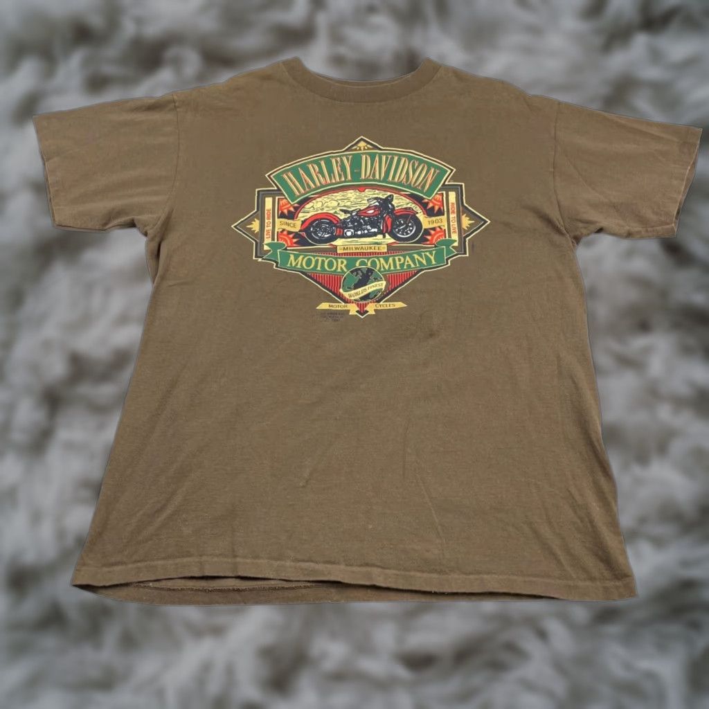 Harley Davidson VINTAGE Harley-Davidson T-Shirt 1990 3D Emblem Live To Ride Single Stitch Brown Large Mens USA 90s Biker Graphic Tee Shirt Size US L / EU 52-54 / 3 - 1 Thumbnail