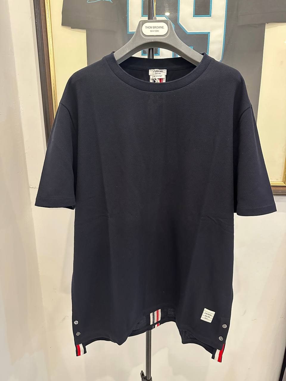 image of Thom Browne Short Sleeve T-Shirt in Navy, Men's (Size XL)