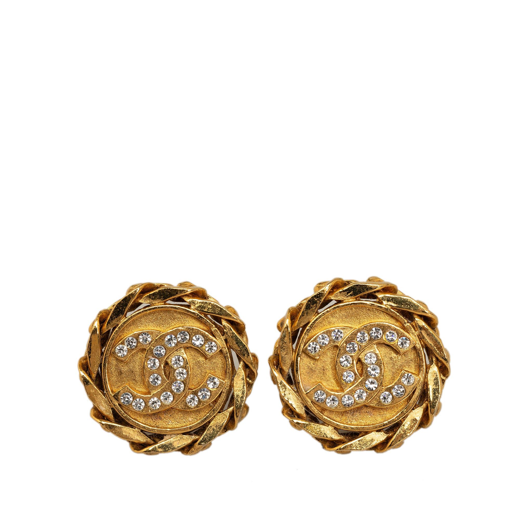 image of Chanel Cc Rhinestone Clip On Earrings Costume Earrings in Gold, Women's