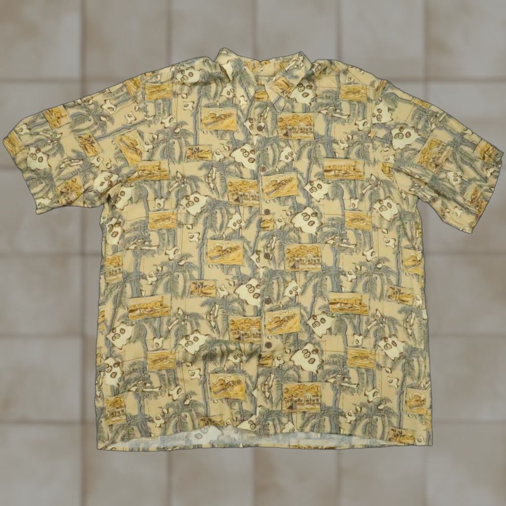 VINTAGE Reyn Spooner Shirt Mens 2XL Casual Short Sleeve Brown Rayon Hawaiian Camp Logo