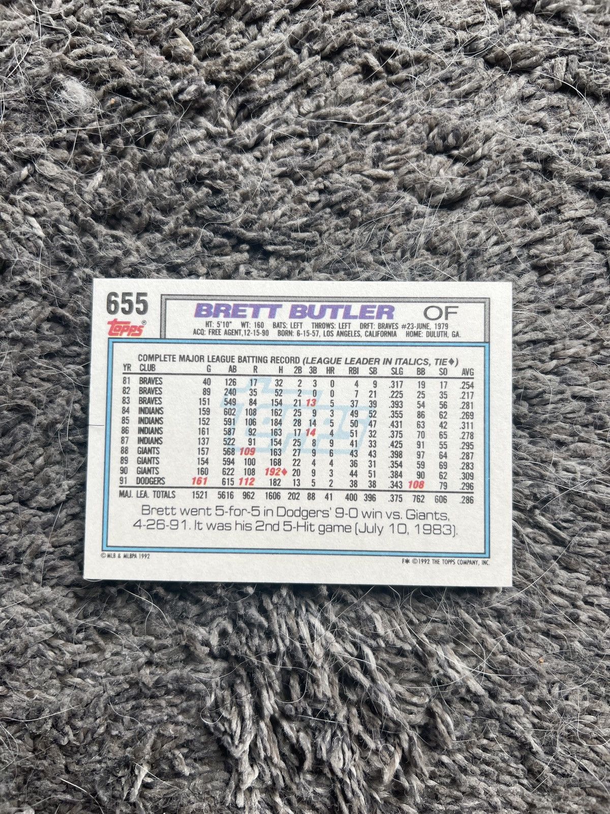 MLB 1992 Topps #655 Brett Butler Card Size ONE SIZE - 2 Thumbnail