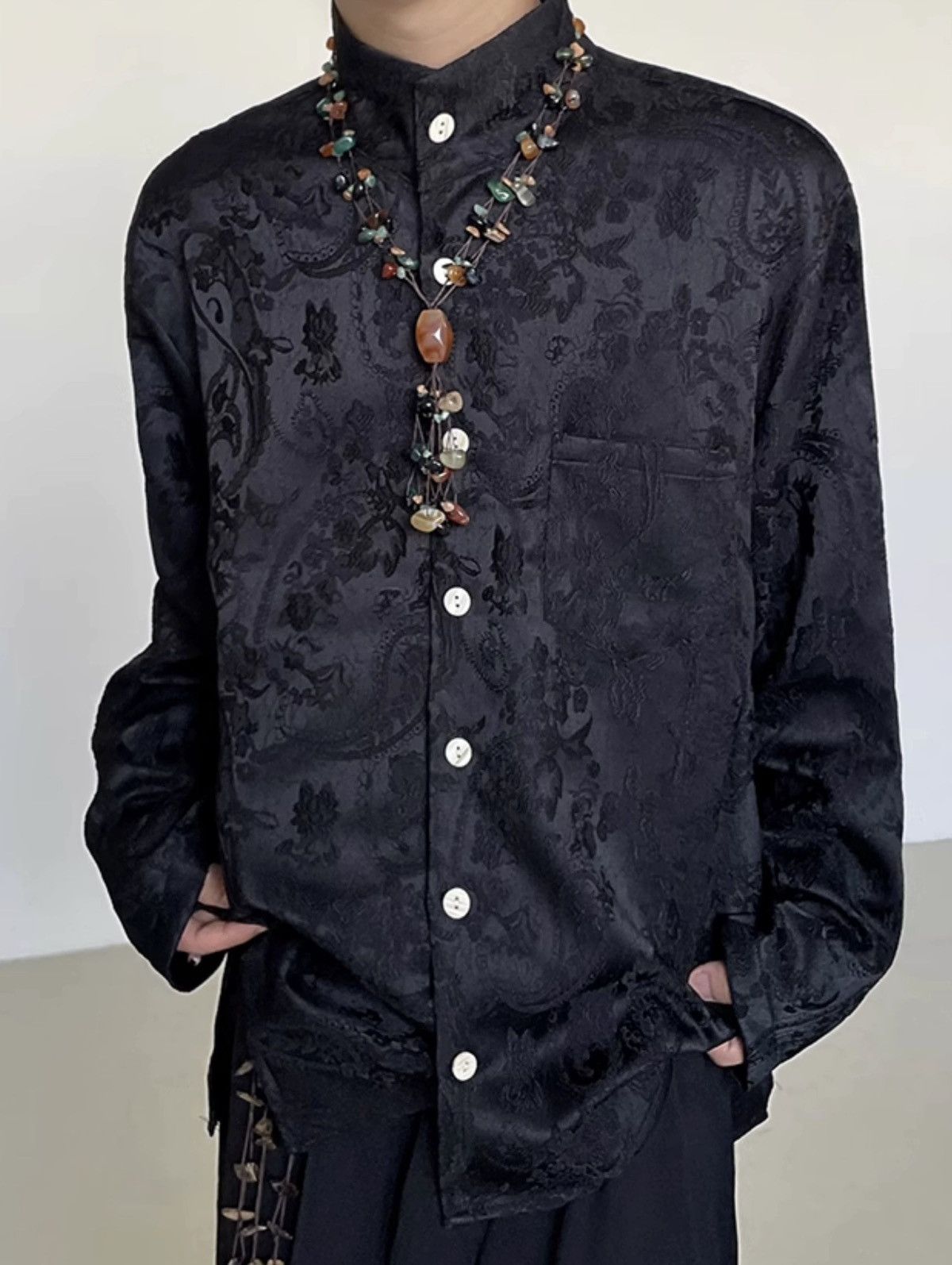 image of Vintage Retro Fashion Paisley Jacquard Button Up Shirt in Black, Men's (Size XL)