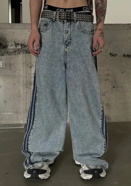 VIBE Avant garde fashion acid wash side striped baggy jeans pants Size US 32 / EU 48 - 2 Thumbnail
