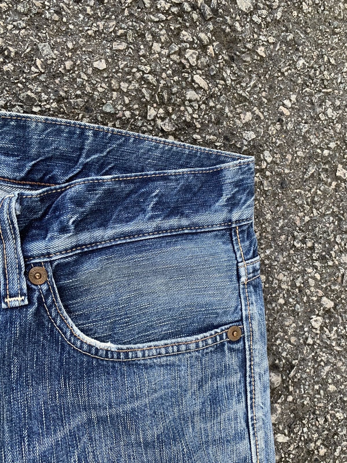 Japanese Brand FLARE💥EDWIN 503 FADED & RUSTY DISTRESSED DENIM Size US 35 - 14 Thumbnail