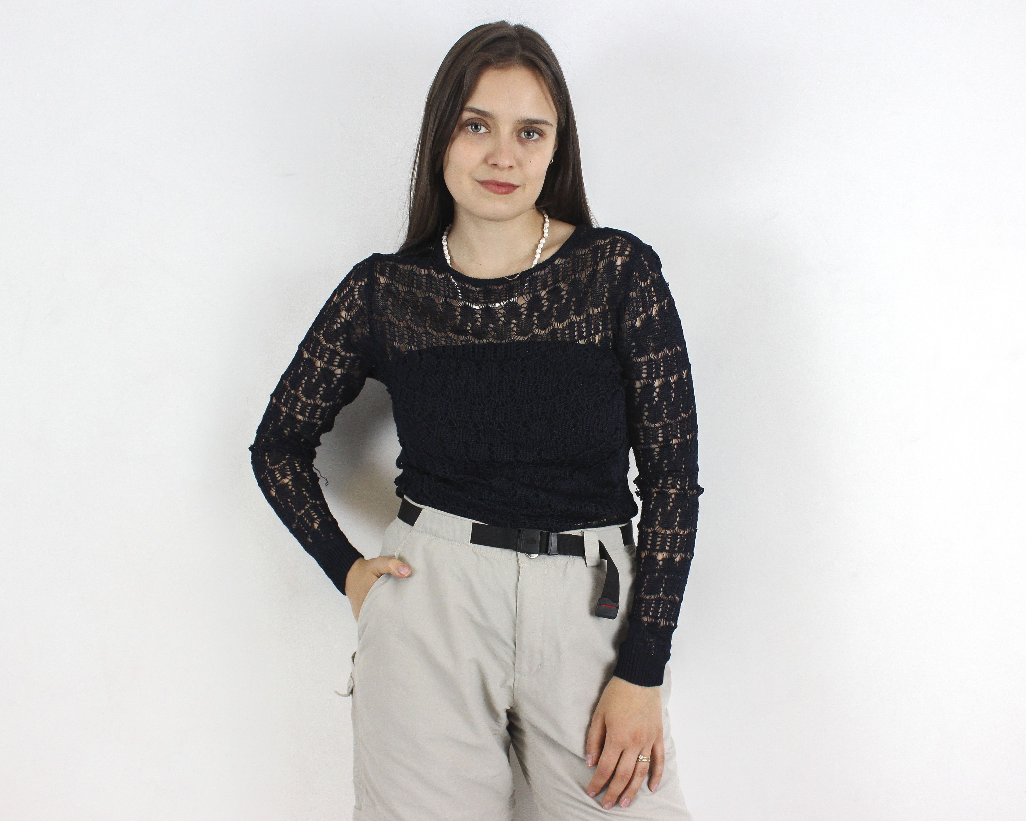 Other × Vintage See Through Knit Crochet Blouse Long Sleeved Top Pullover Size M / US 6-8 / IT 42-44 - 4 Thumbnail