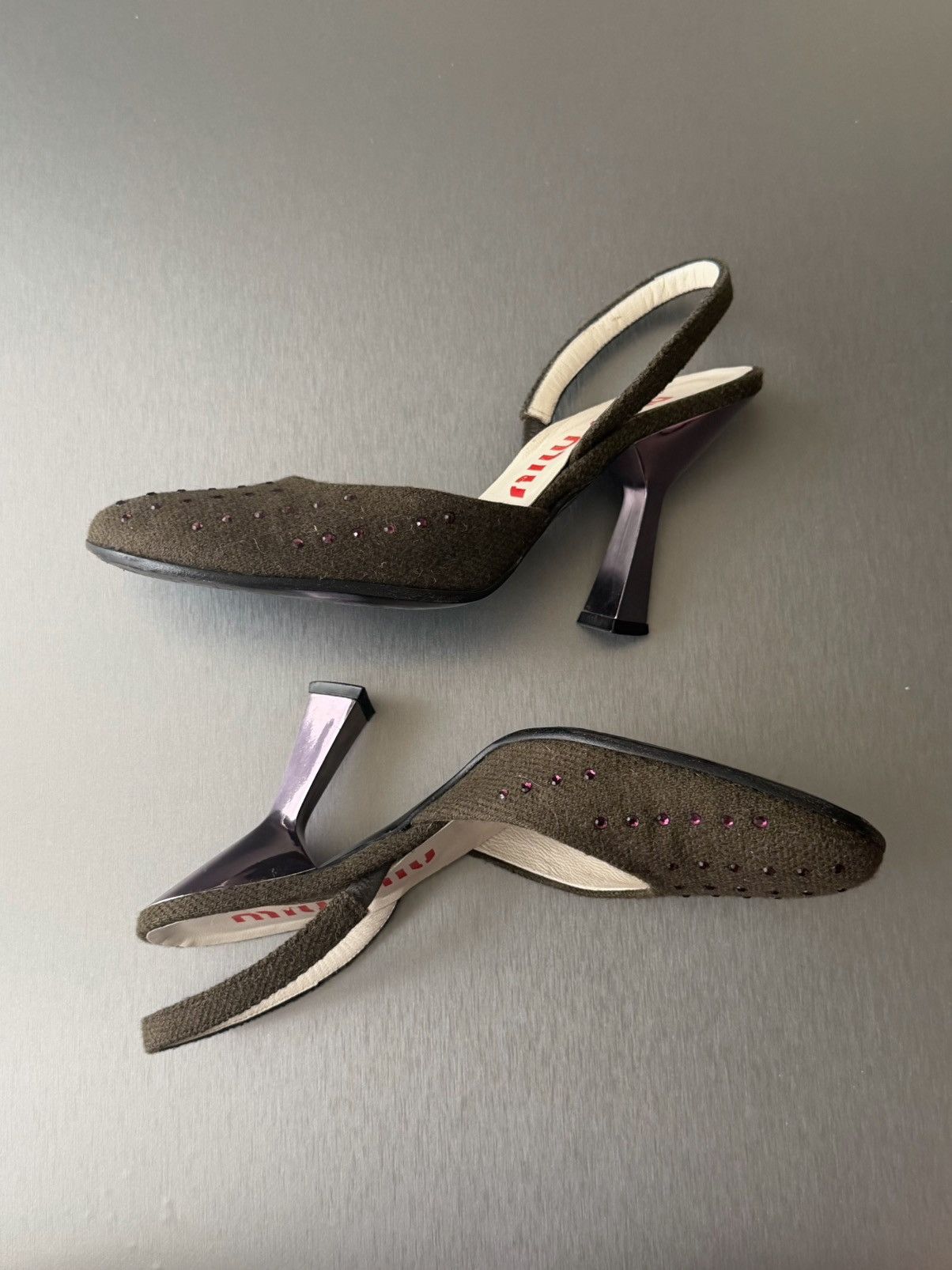 Miu Miu miu miu s/s 1998 olive tweed with pink crystals heels Size US 7.5 / IT 37.5 - 6 Thumbnail